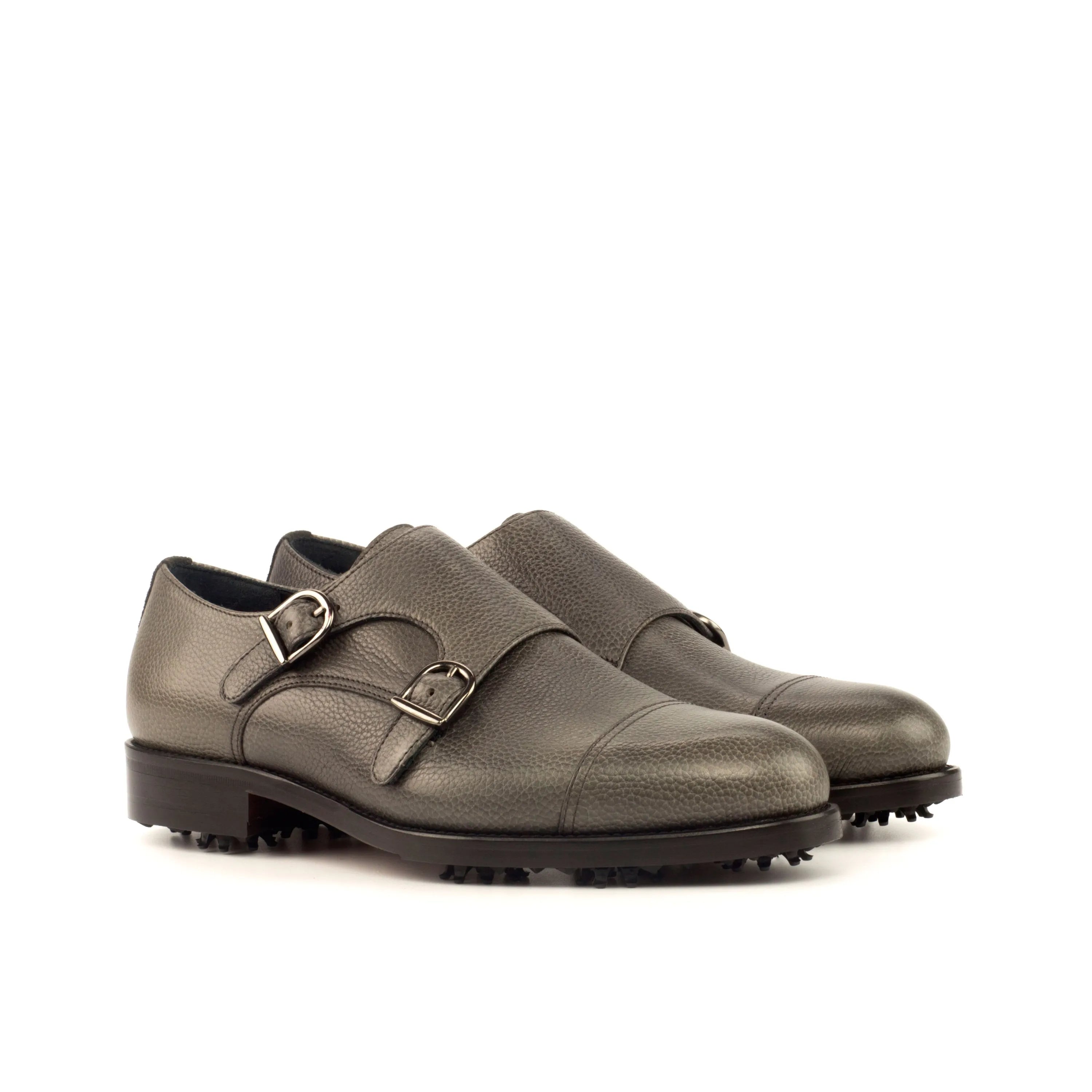 Gray leather double monk strap Puck golf shoes back view