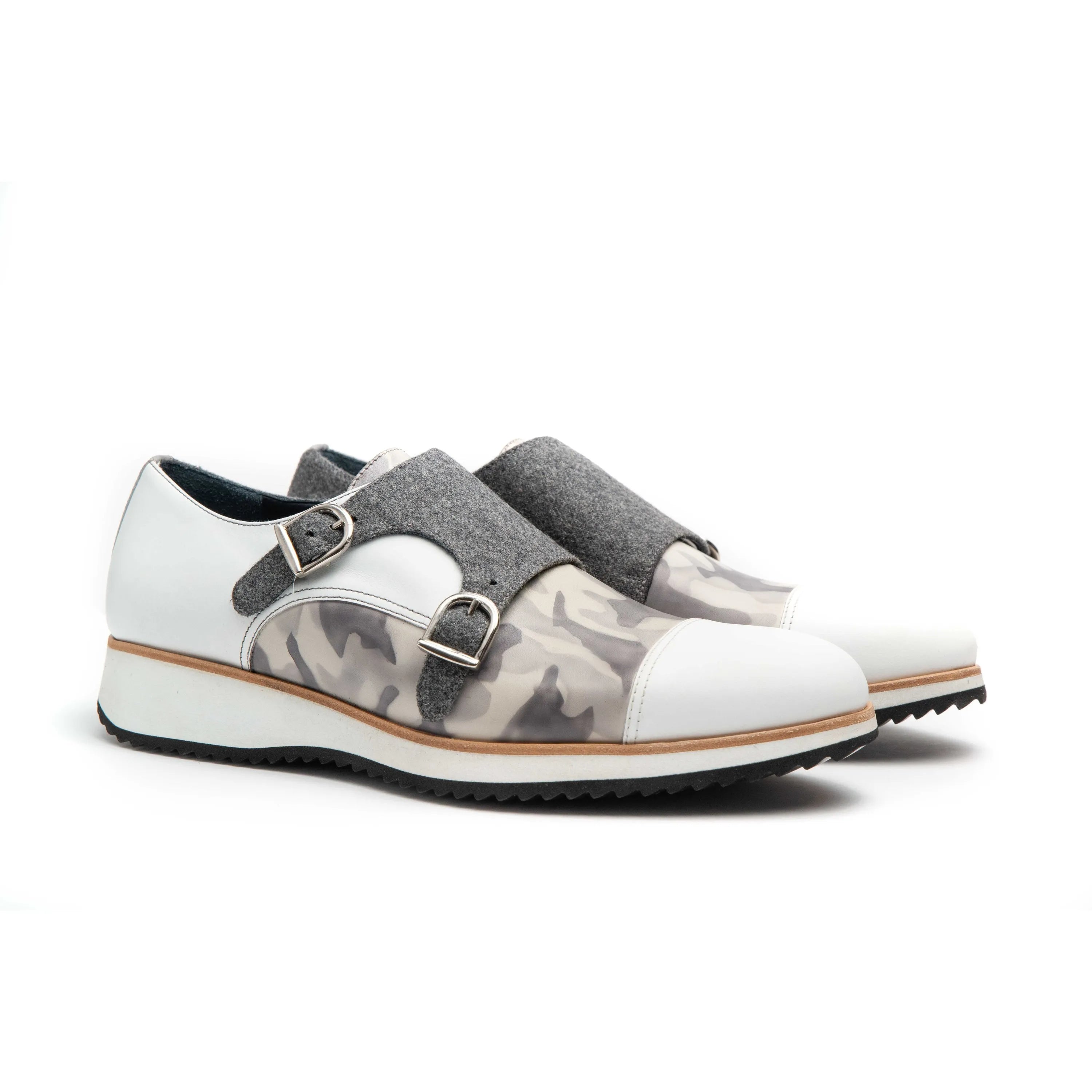 White and camouflage Q1 patina double monk strap shoes