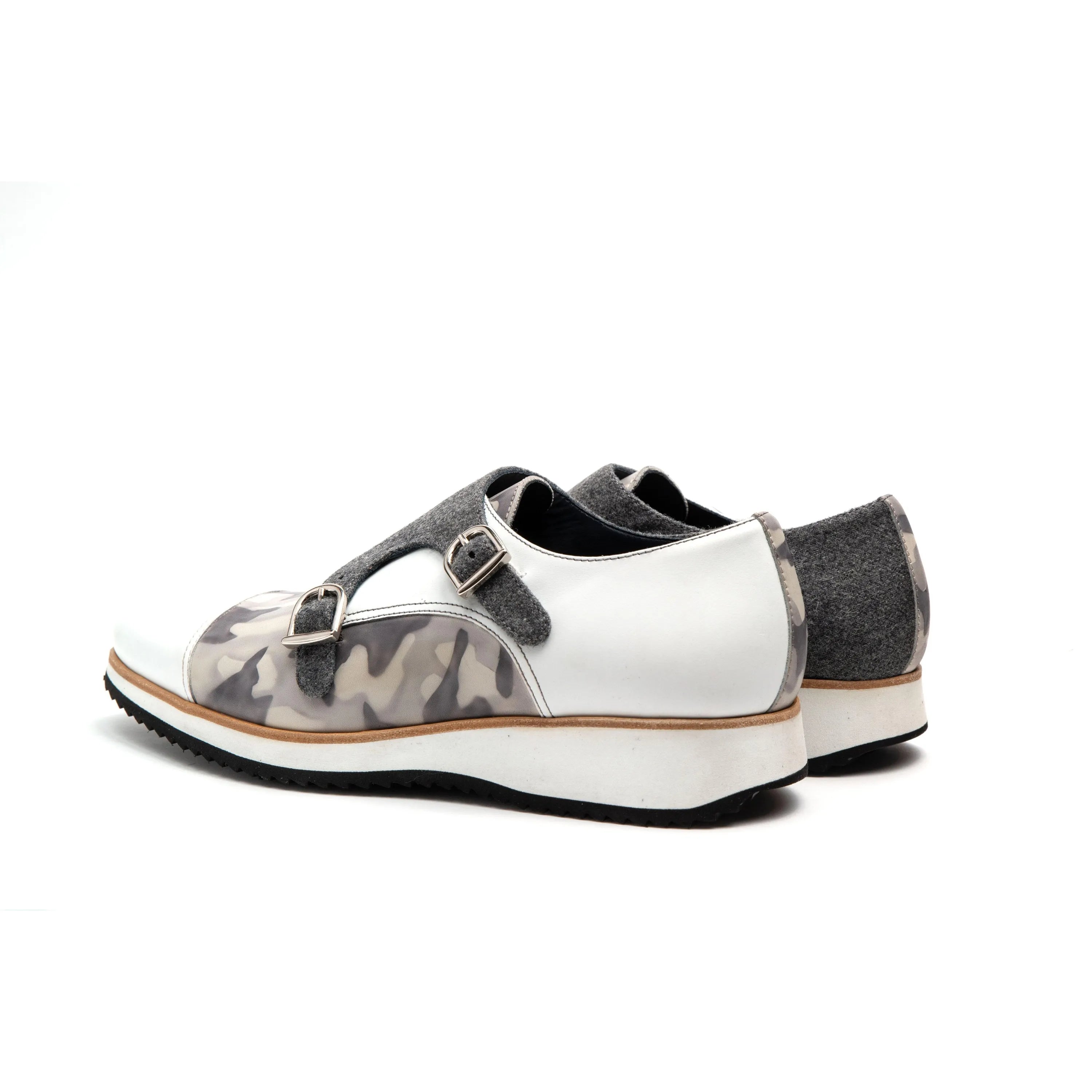 White and camouflage Q1 patina double monk strap shoes