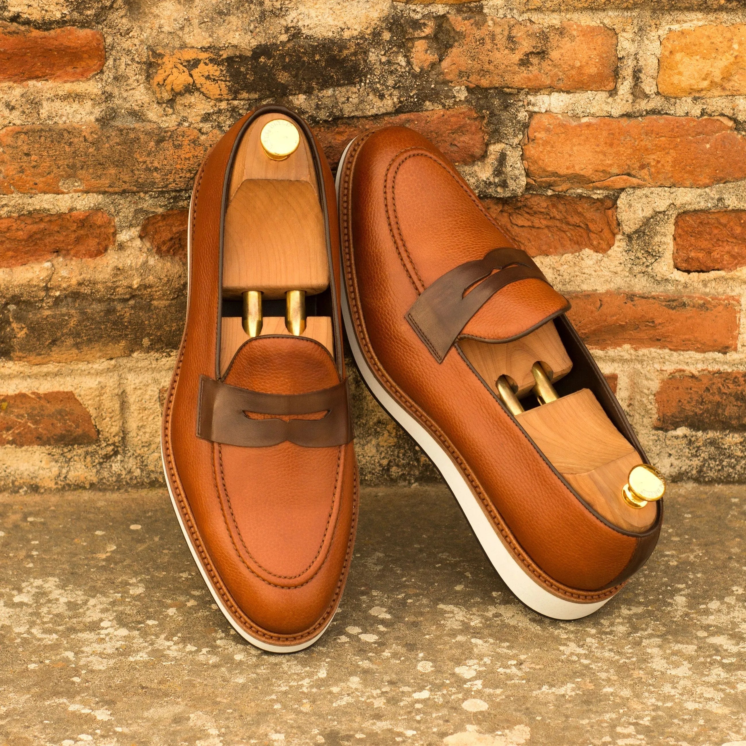 QE04 loafers: brown leather penny loafers, luxury bespoke shoes for men