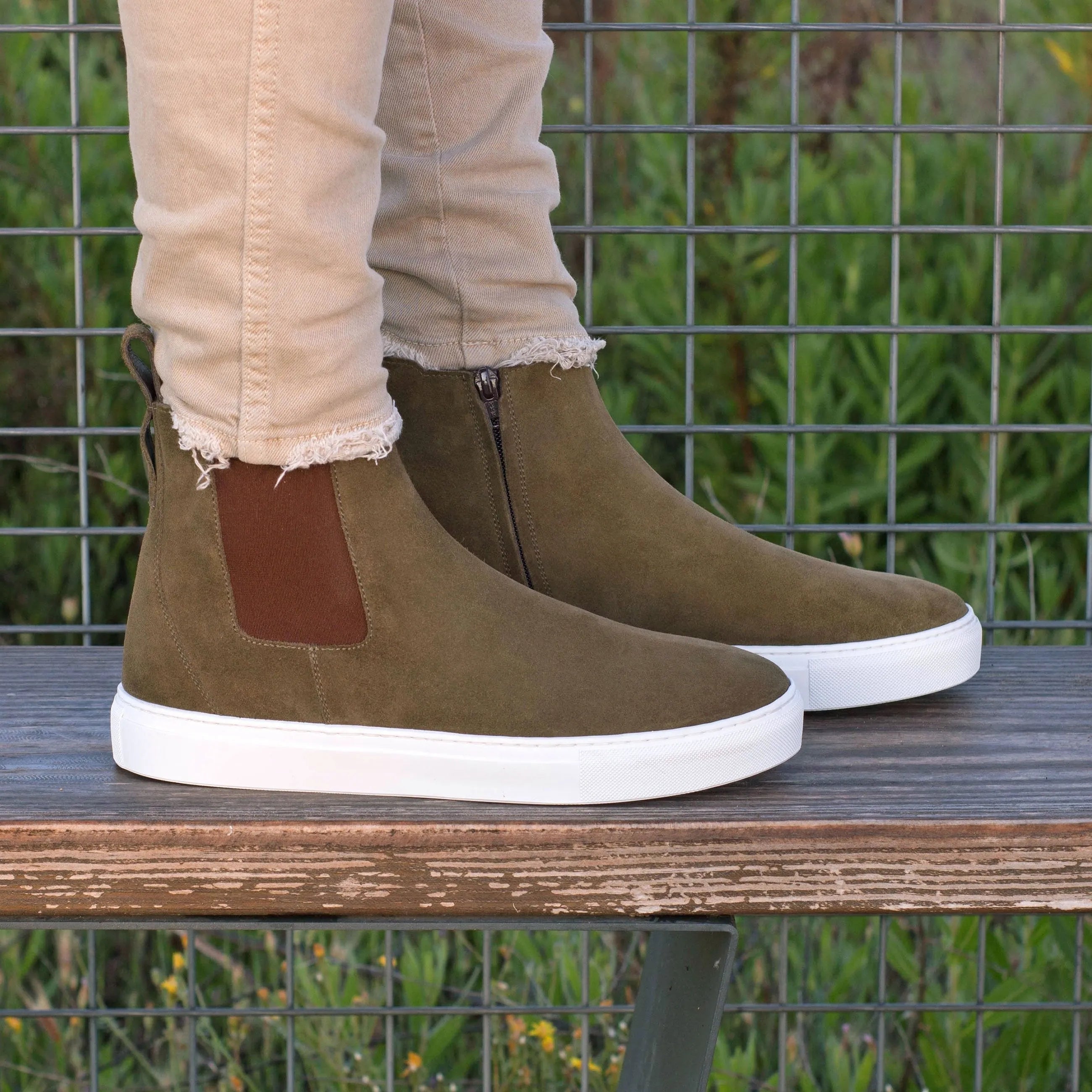 QR02 Chelsea sneaker boots in olive green suede, back view