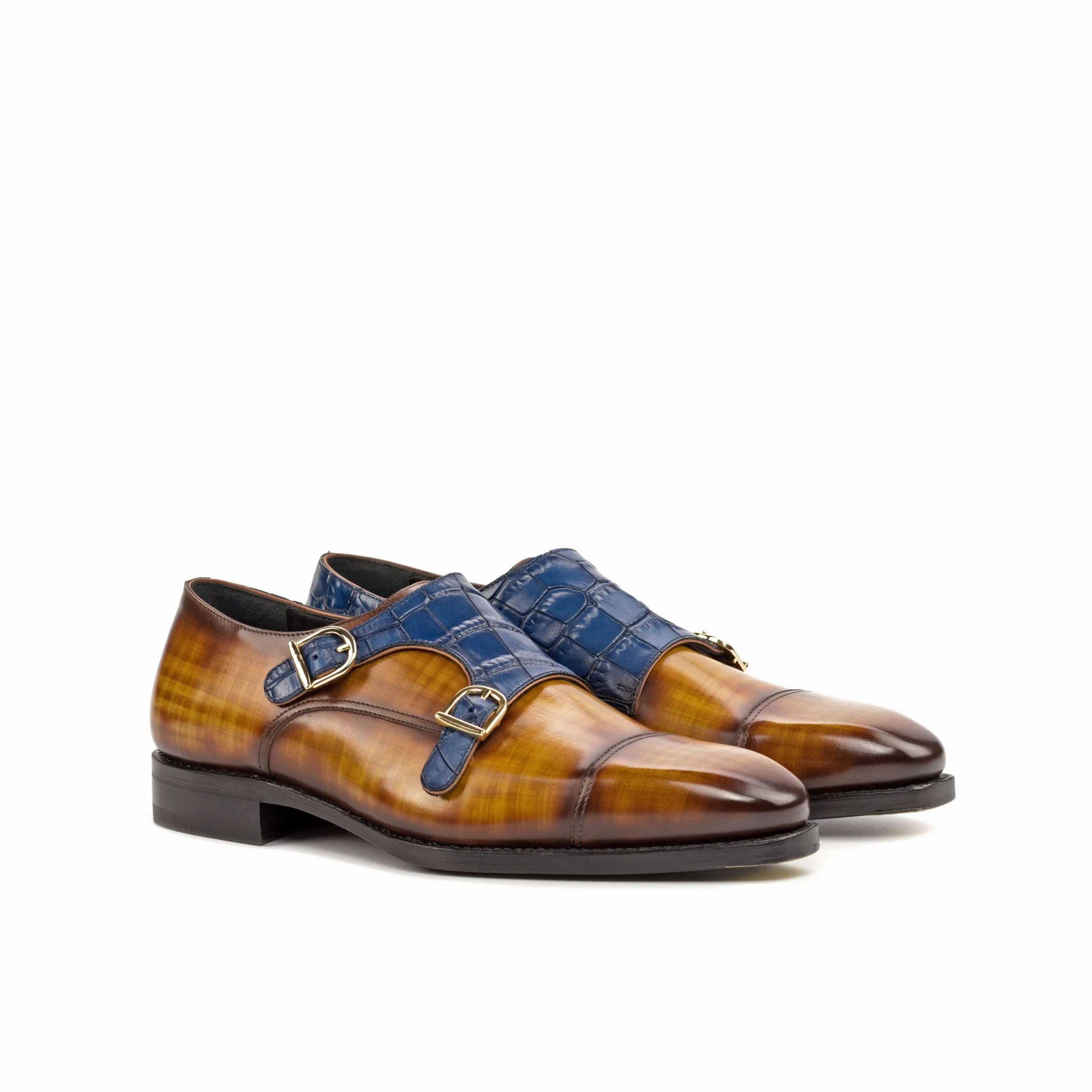 Quin double monk patina brown and blue leather shoes
