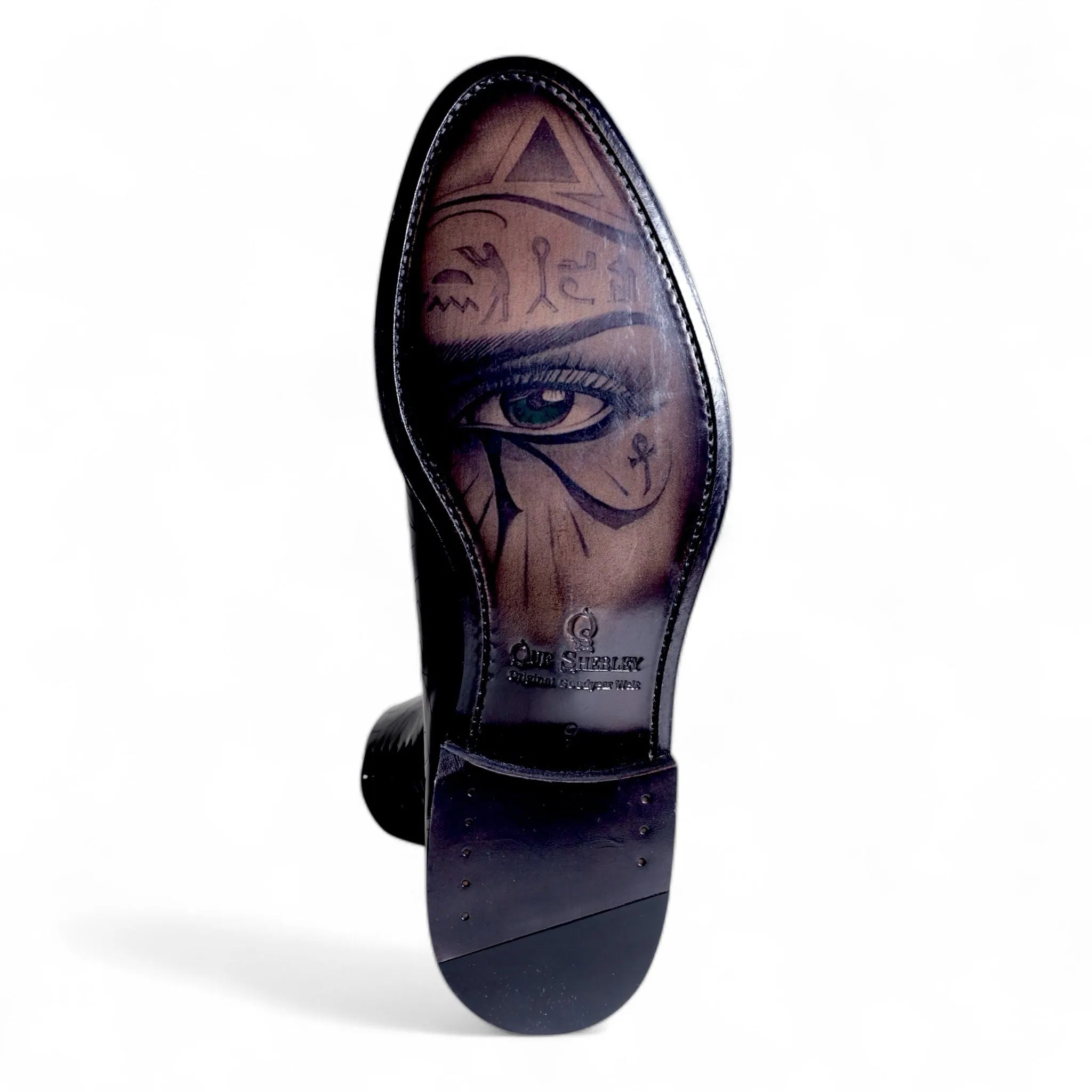 Quswa Noir premium Italian black wholecut shoe with Cleopatra edition Egyptian sole art