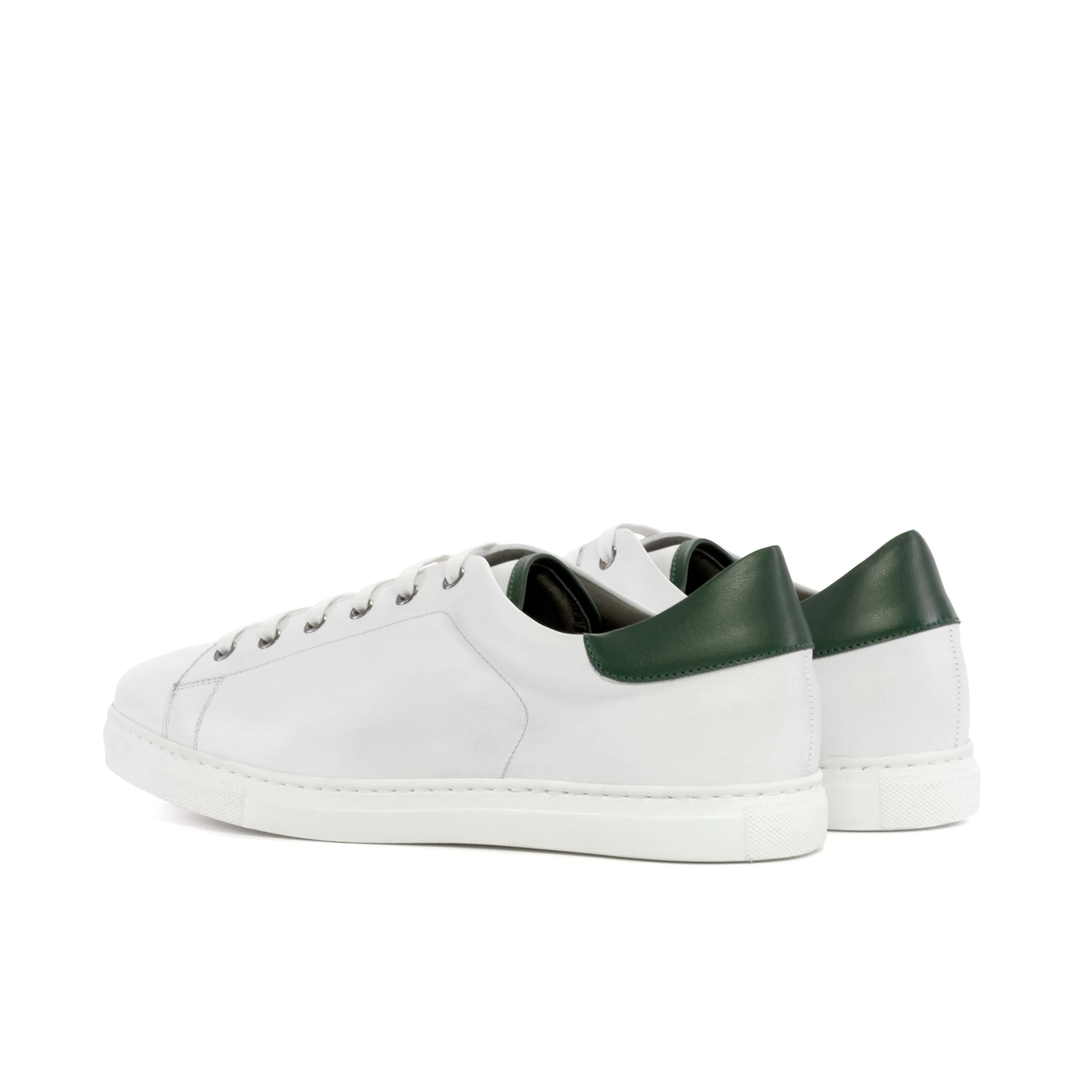 Back view of Ramirez Vegan Trainer in white vegan Italian Nappa with green heel