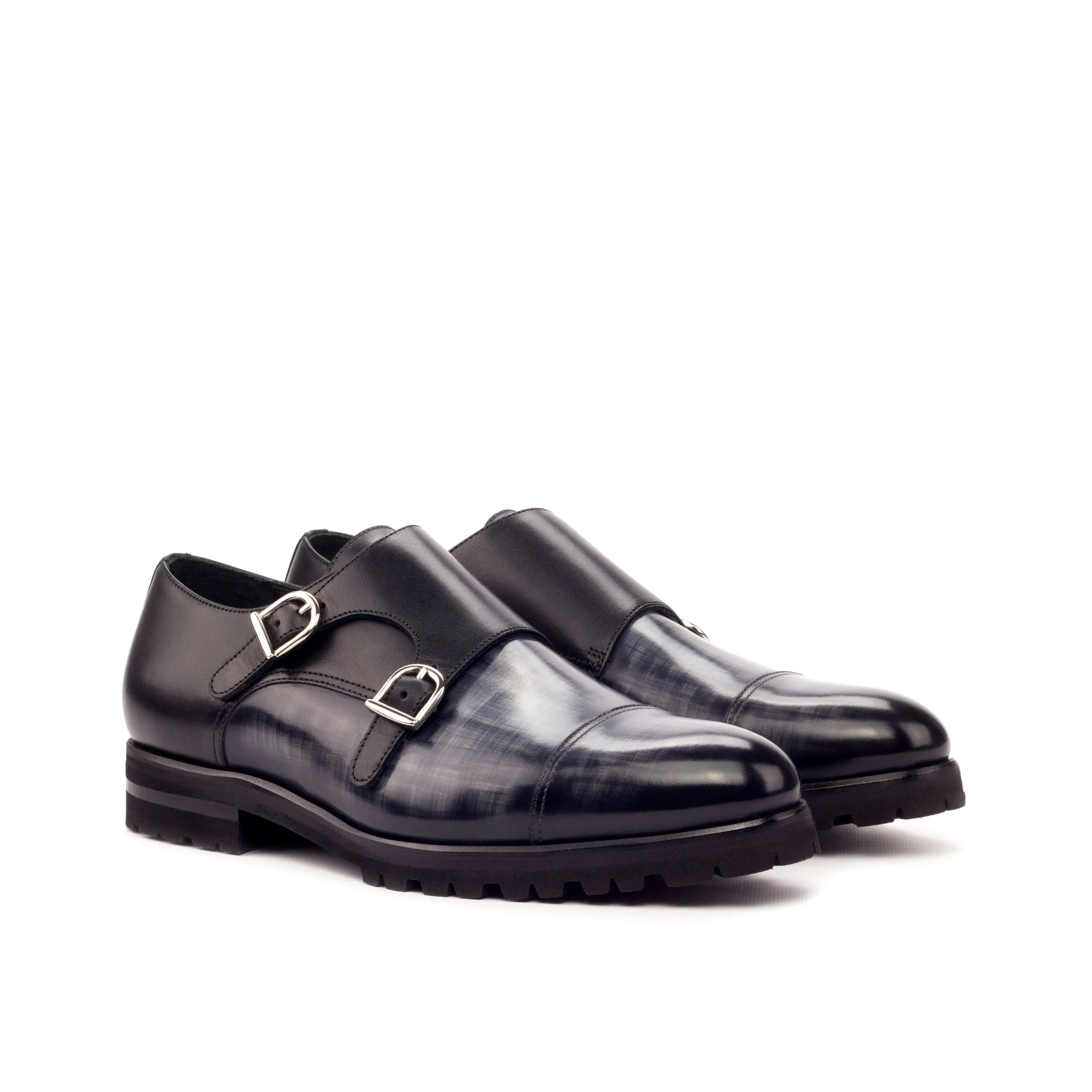 Ramses double monk patina black leather shoes back view