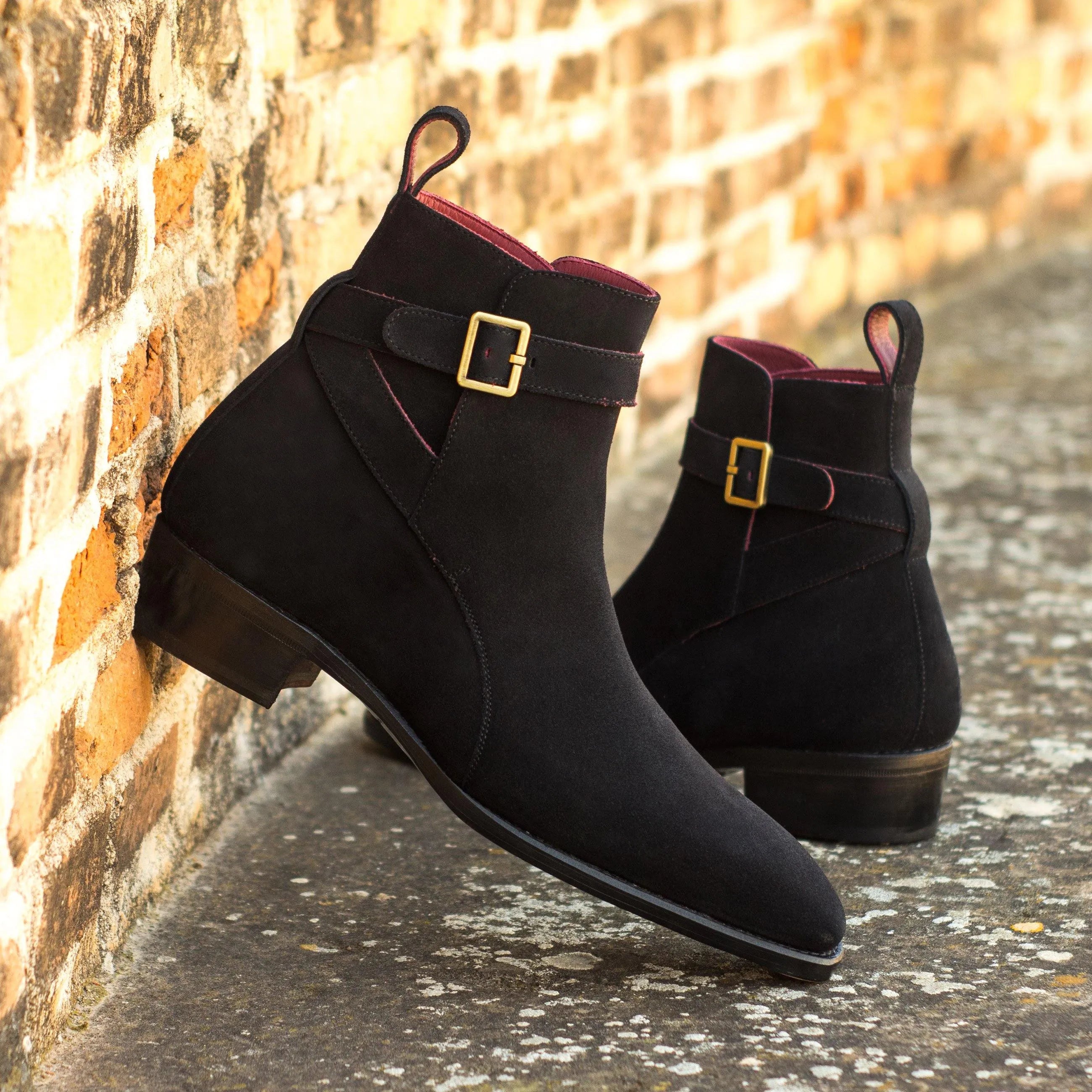 Randy Jodhpur boots: black suede ankle boots with gold buckles