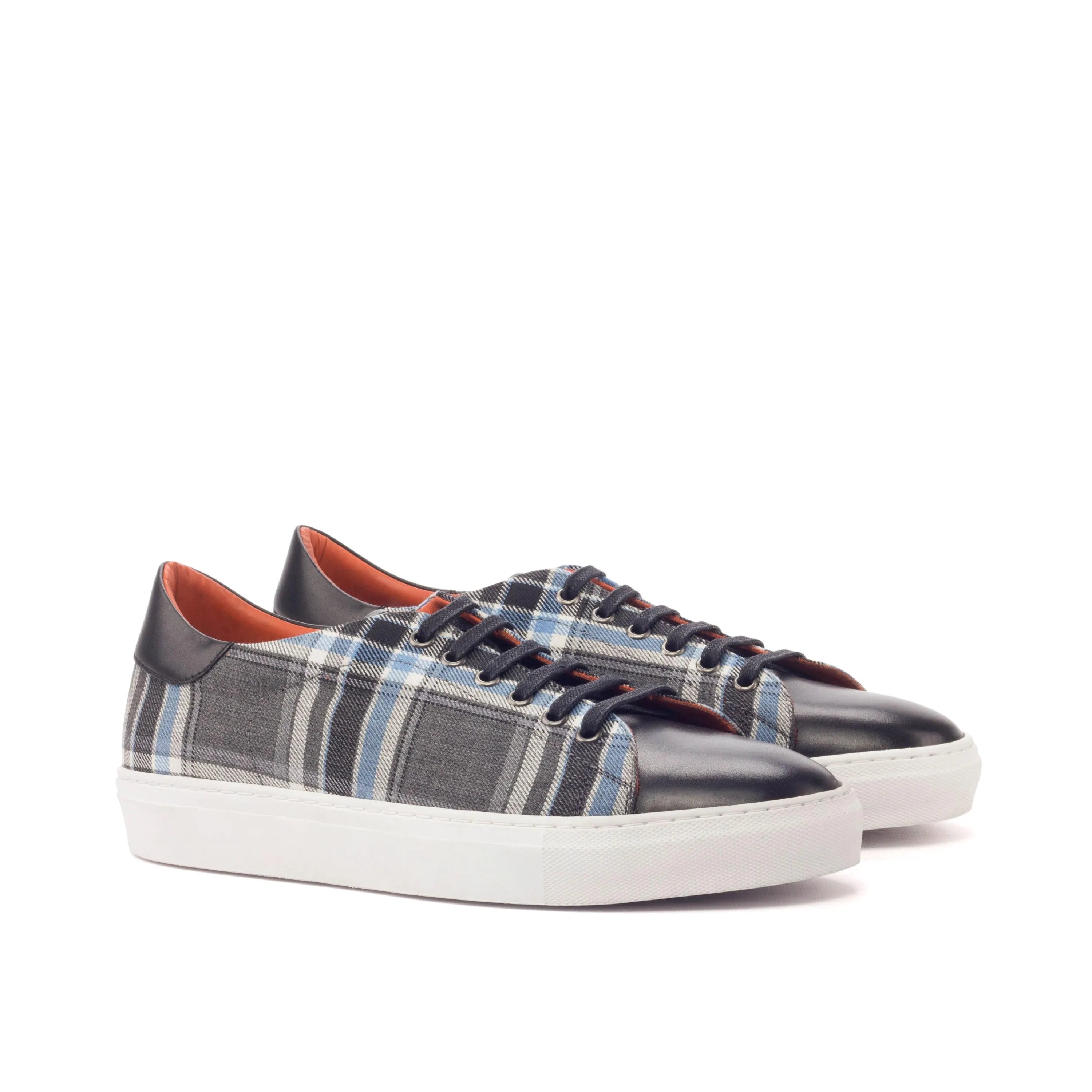 Back view of plaid leather retro trainer sneakers