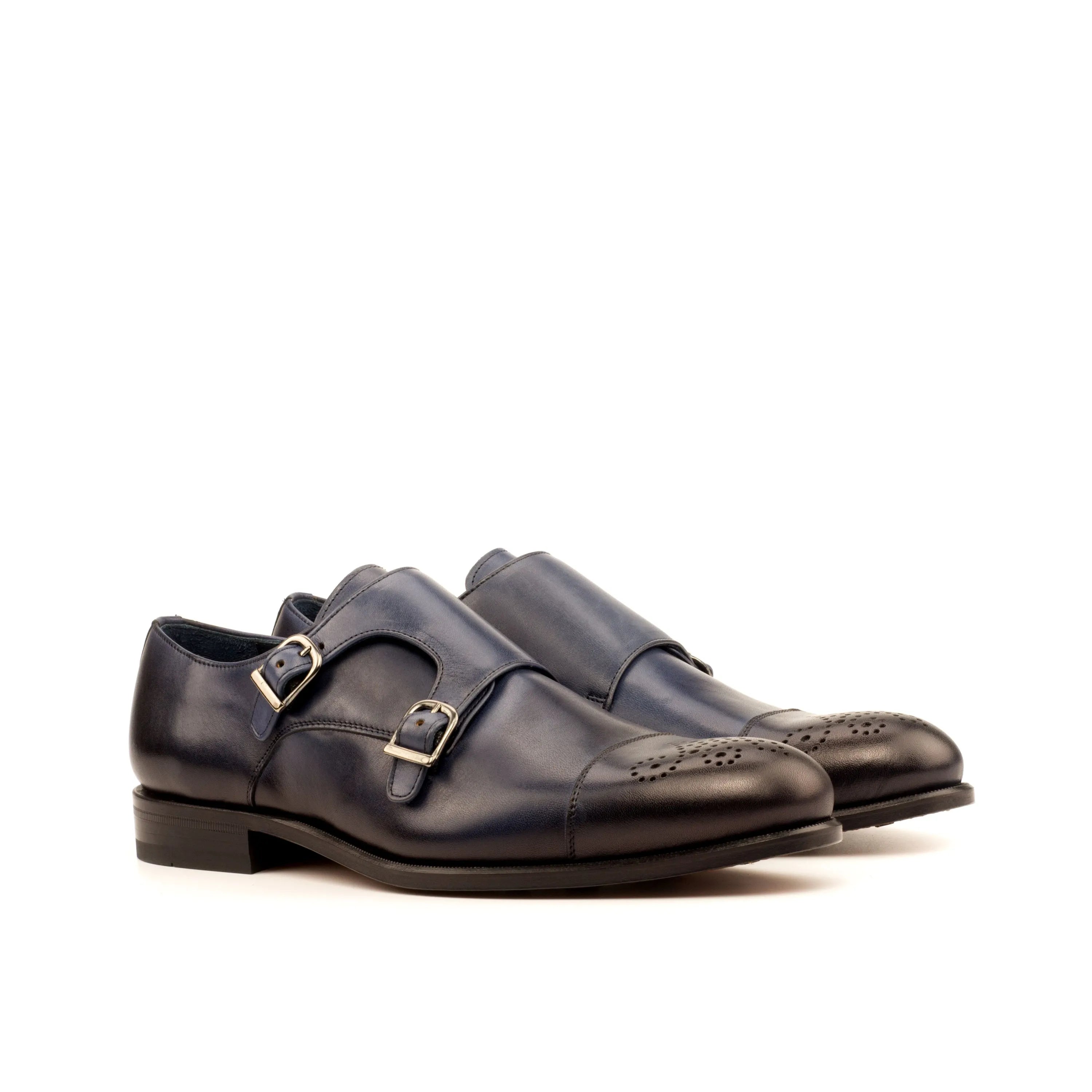 Rivo double monk shoes in blue leather patina finish