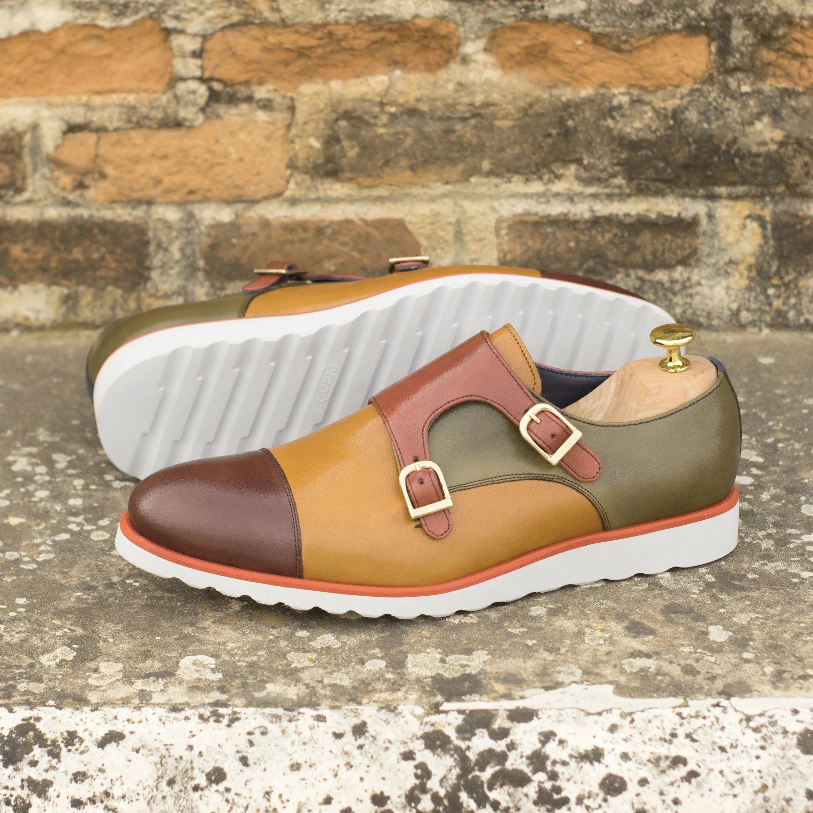 Ryan double monk shoes in two-toned painted calf leather
