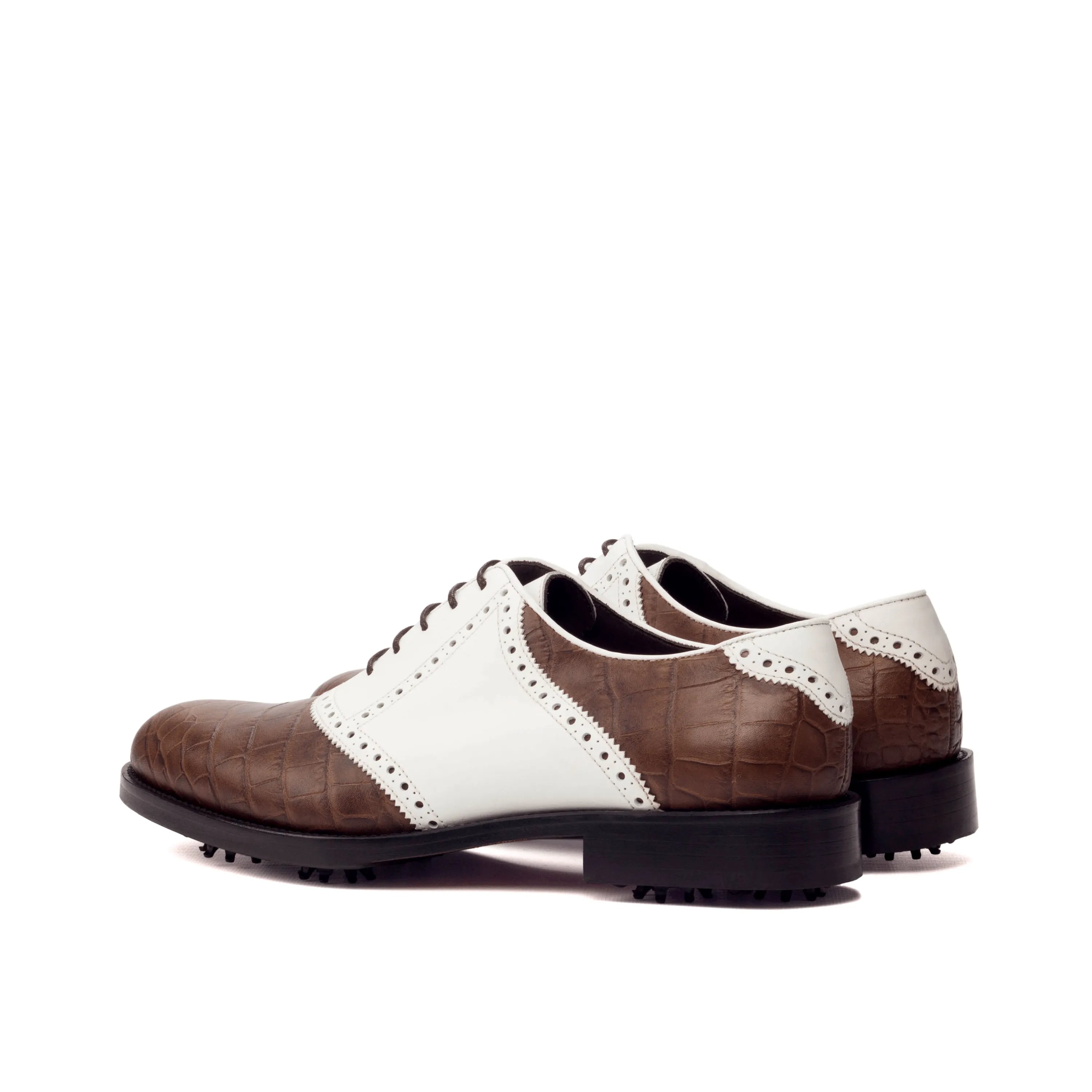 Brown and white Salvador golf shoes, saddle style back view
