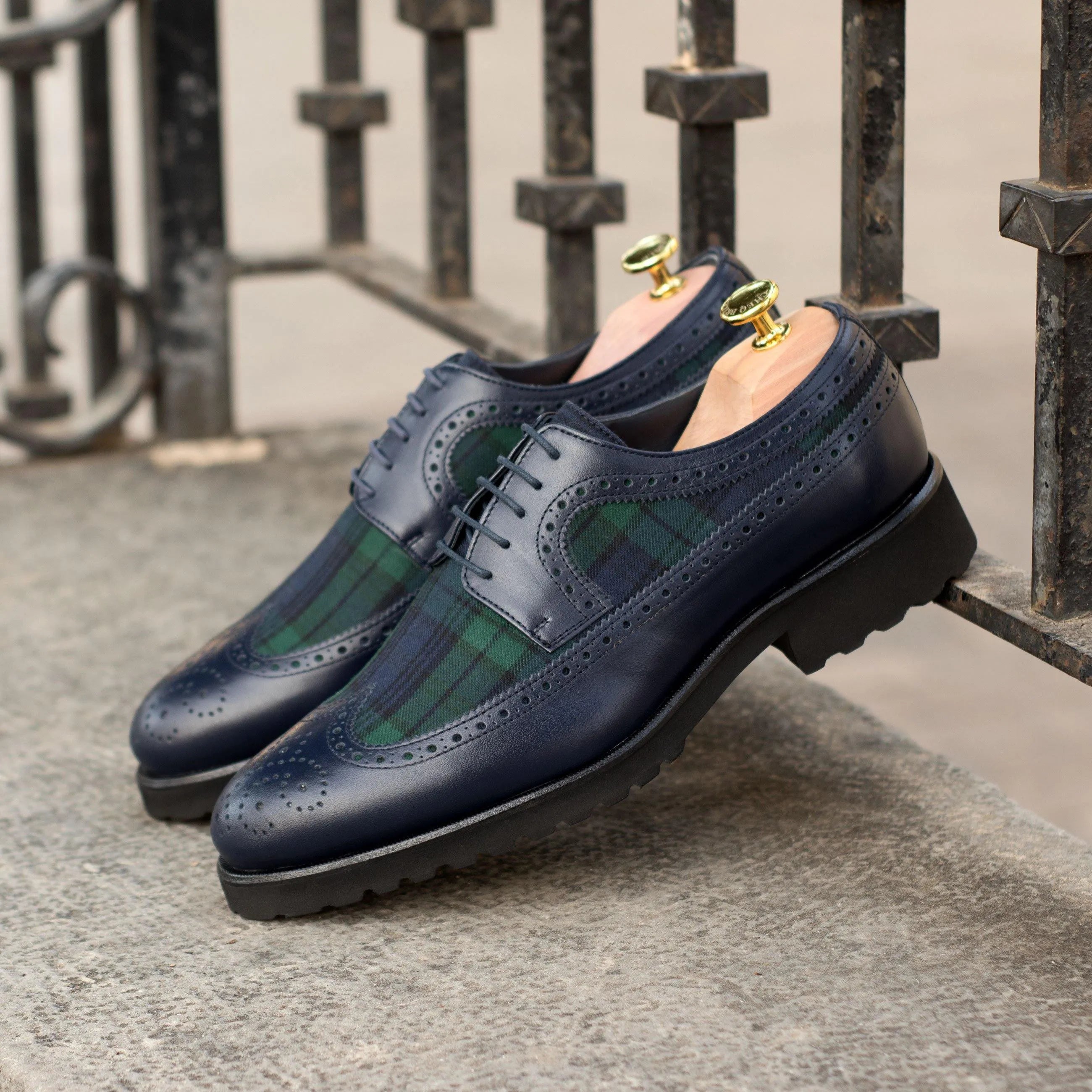 Ss14 longwing blucher with blue leather and plaid wingtip shoes