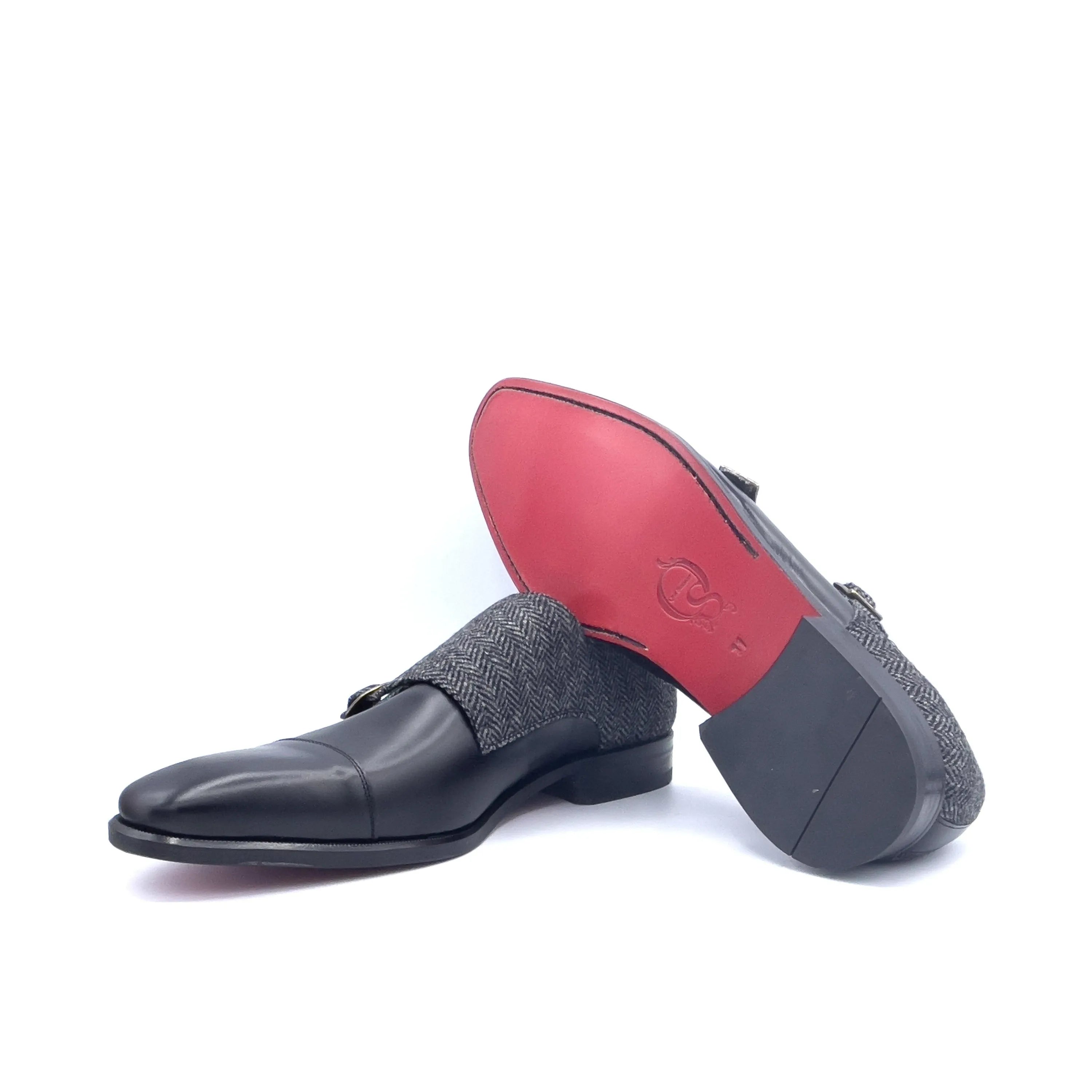 SW20 double monk patina shoes in black leather herringbone back view