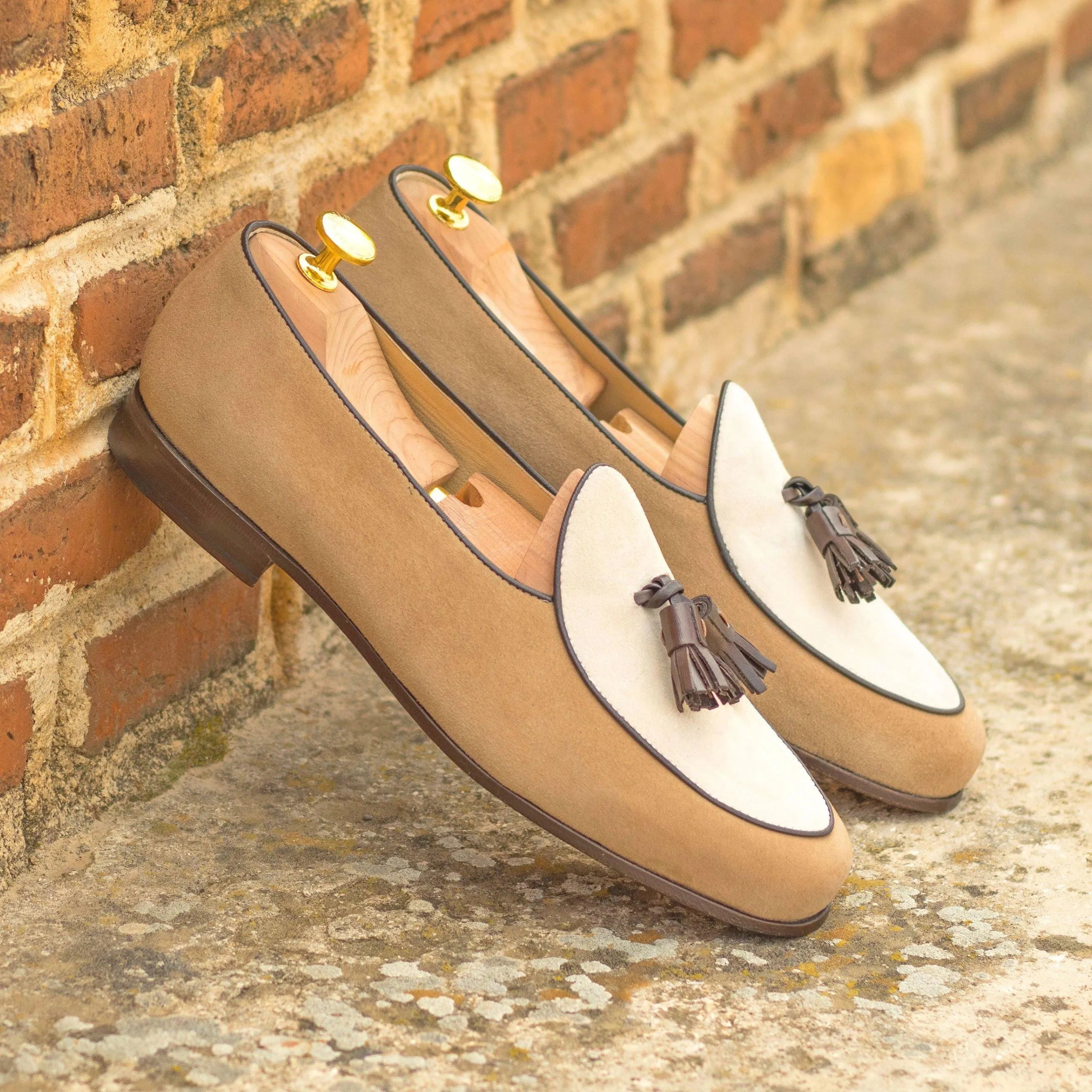 Tan and white tassel Teatro Belgian Slipper II loafers with shoe trees