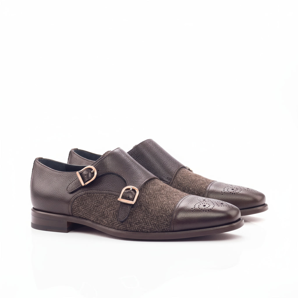Tima double monk brown leather shoes pair with double straps