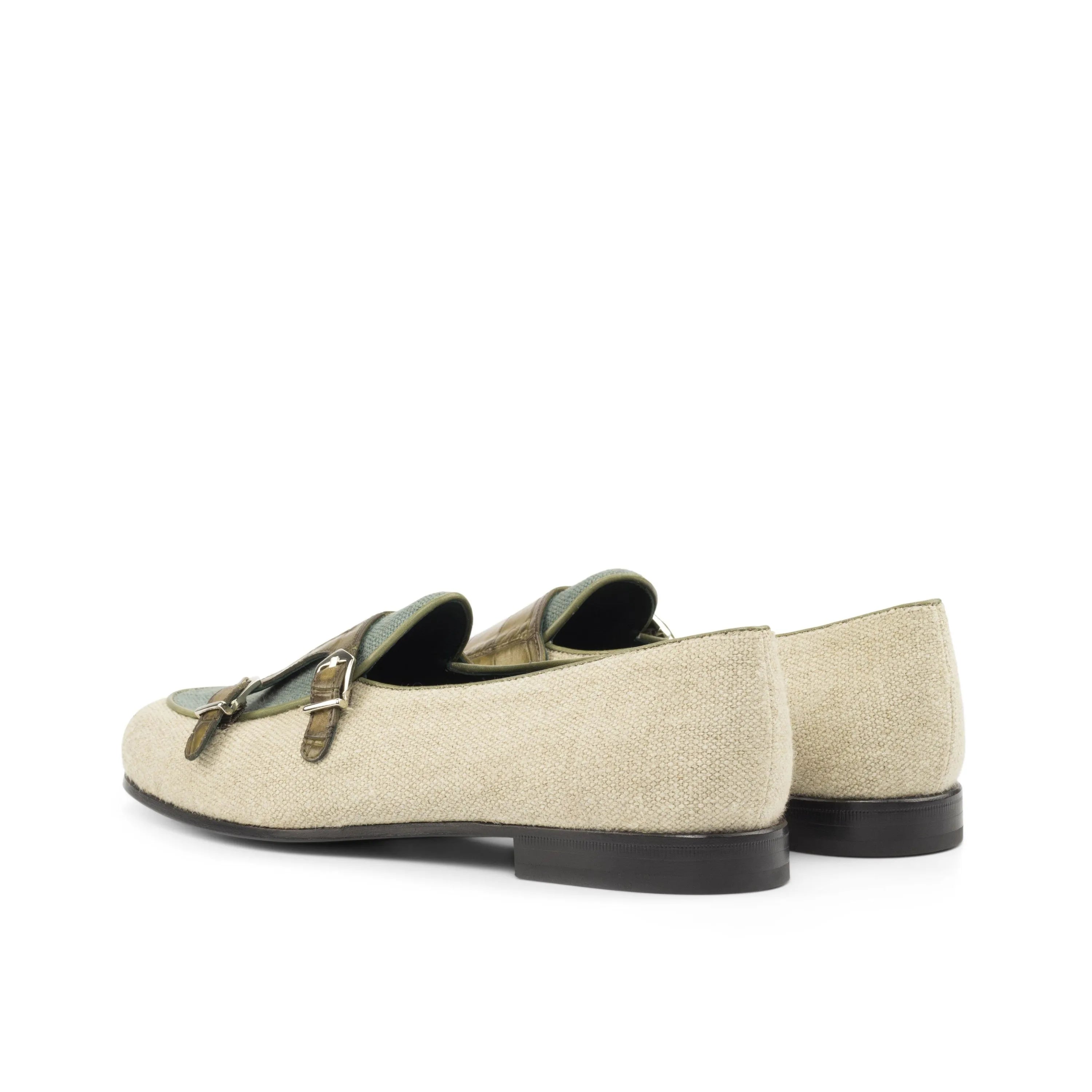 Votan Belgian Monk Slipper in beige and olive painted green monk strap loafers