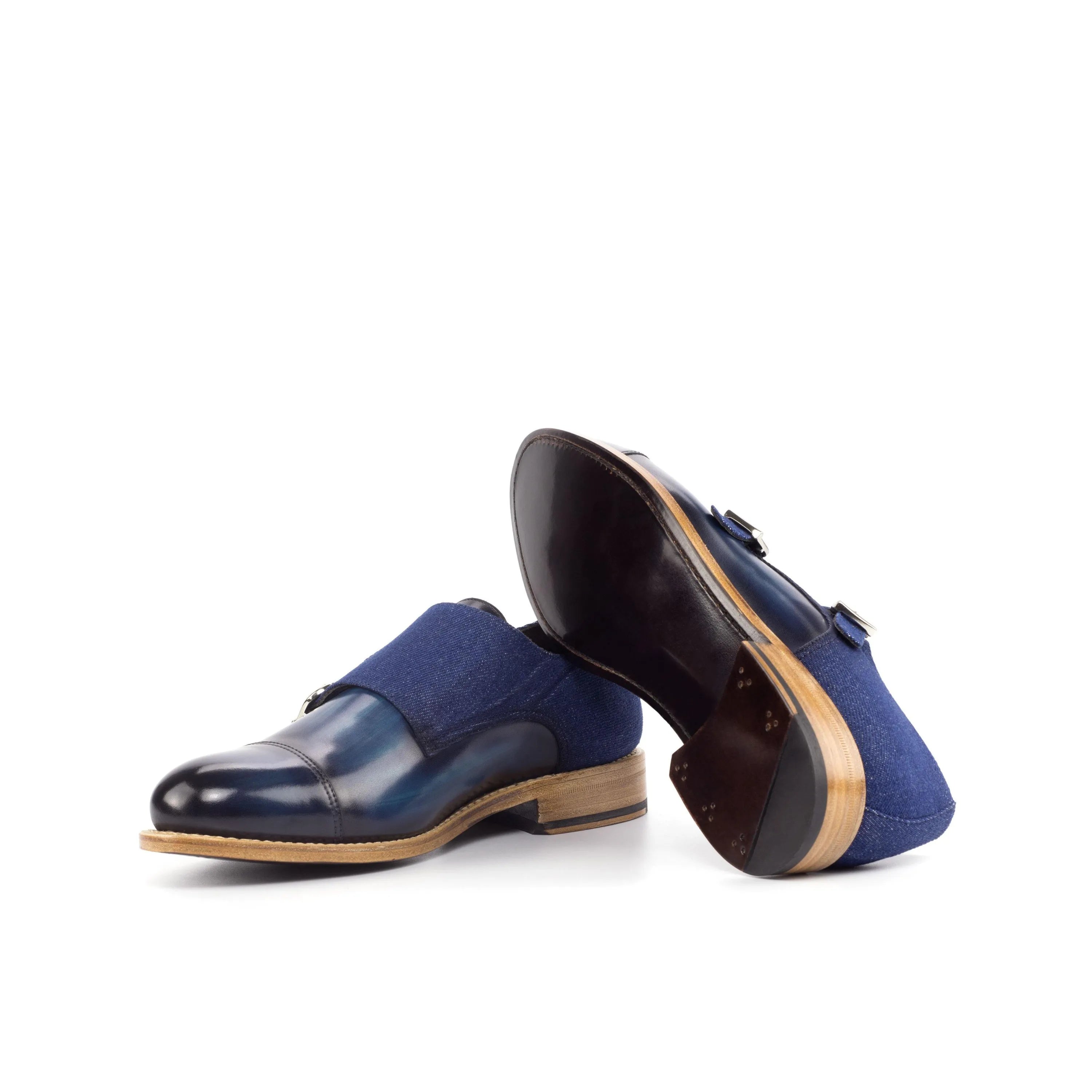Wali double monk patina blue leather fabric shoes
