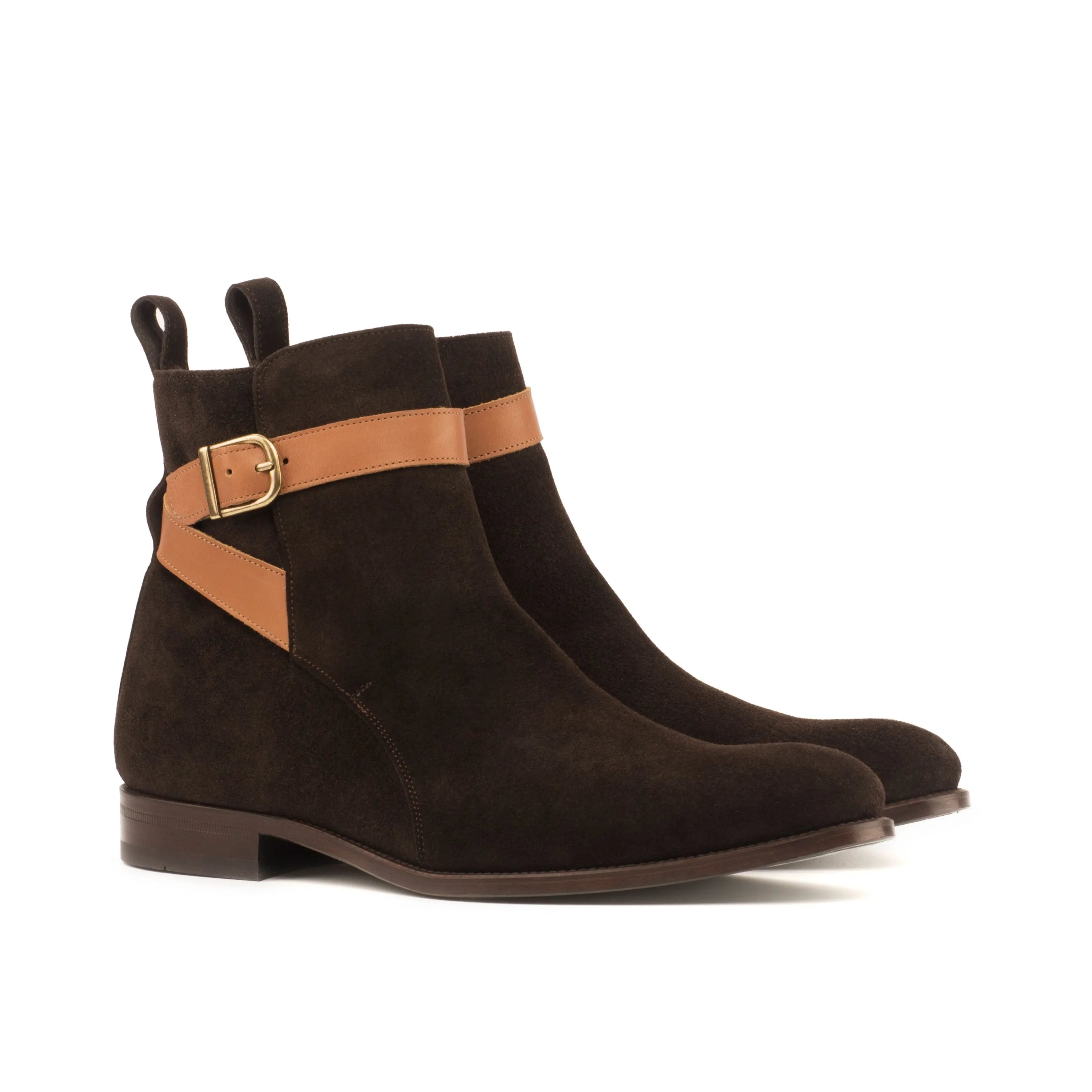 Wapasha Jodhpur Boots: brown suede ankle boots with tan strap