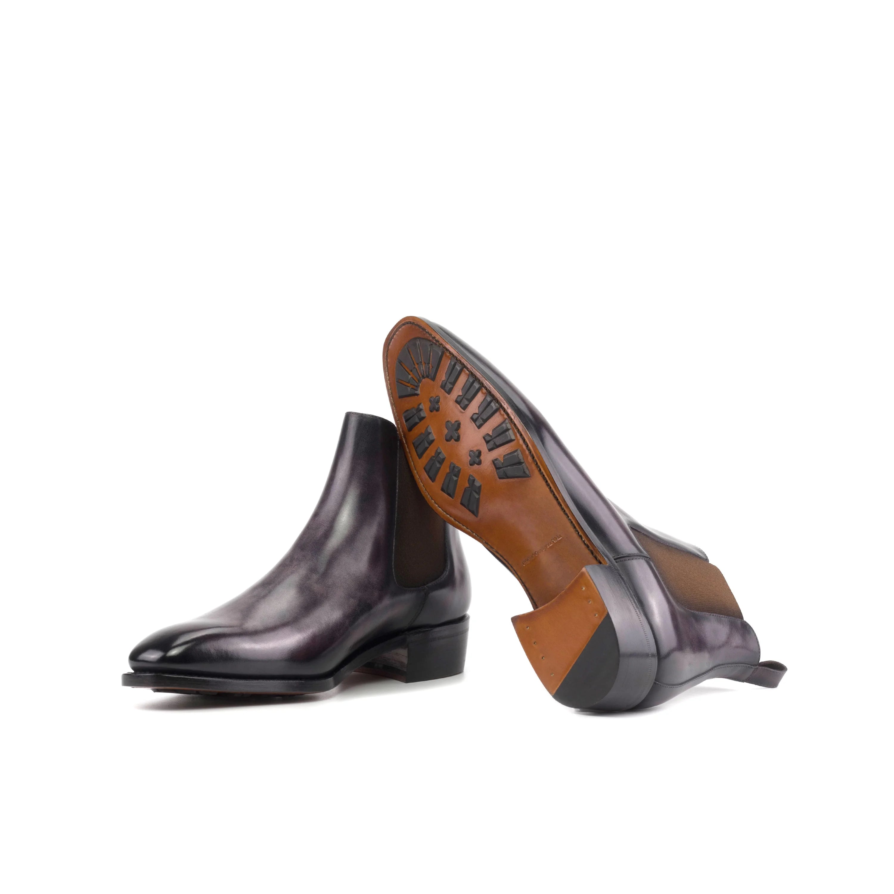Winzlo patina Chelsea aubergine leather boots with tan sole, Goodyear welt