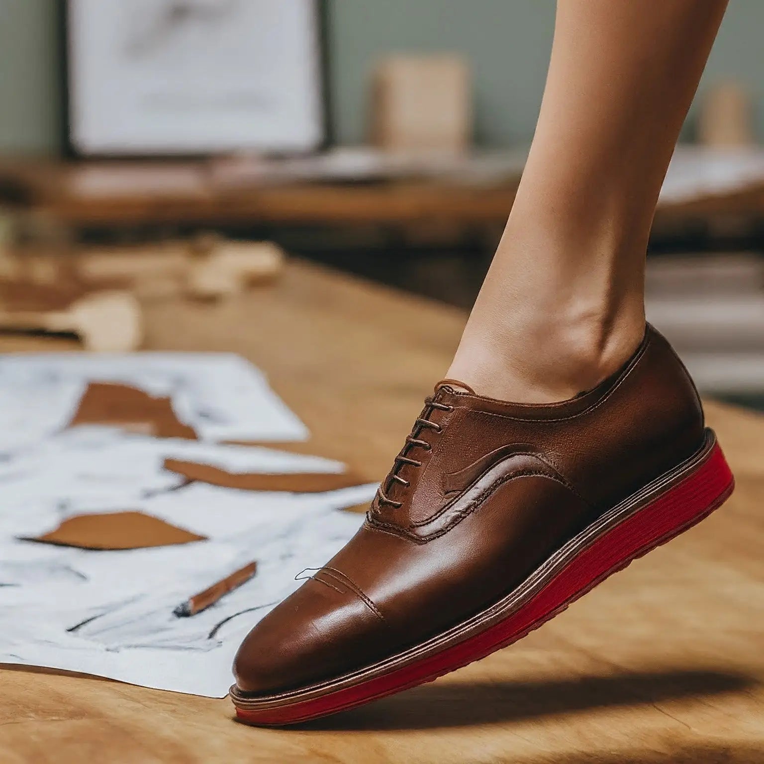 Brown leather oxford shoe with red sole.
