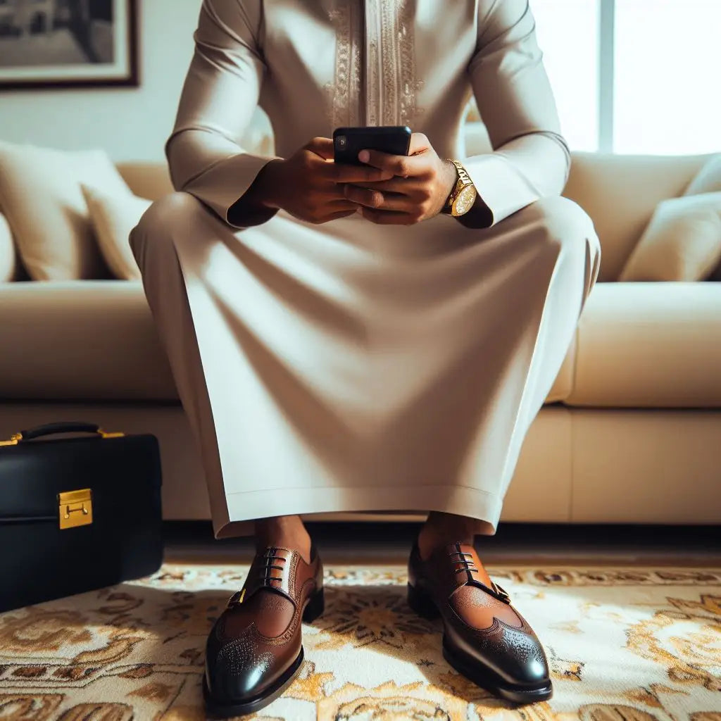 Man in traditional clothing using phone.