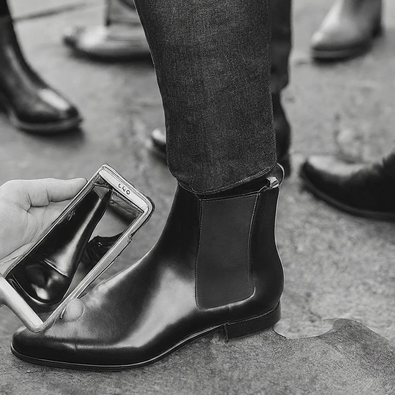 Black leather Chelsea boot.