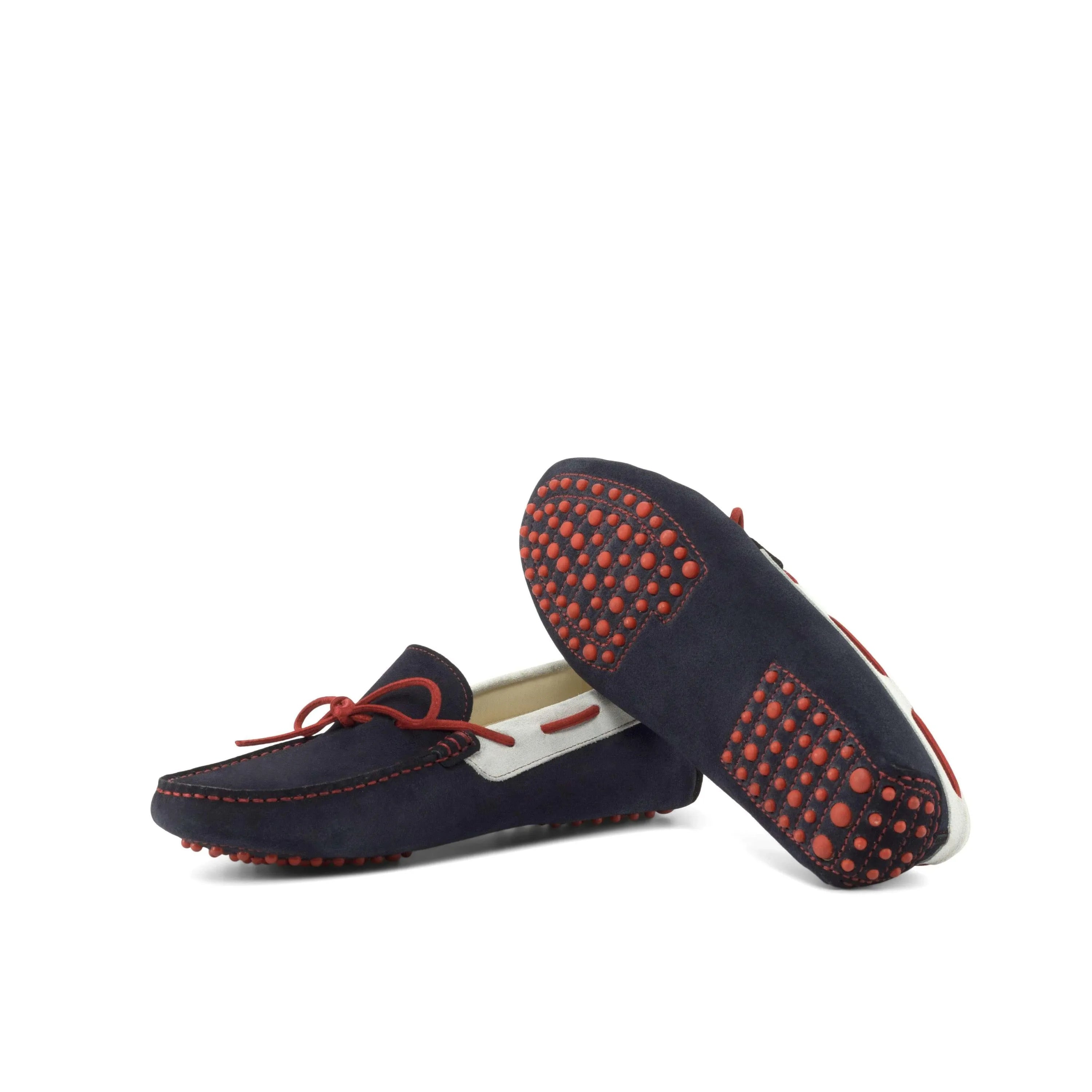 1990 Driver navy blue suede driving shoes with red laces and rubber soles