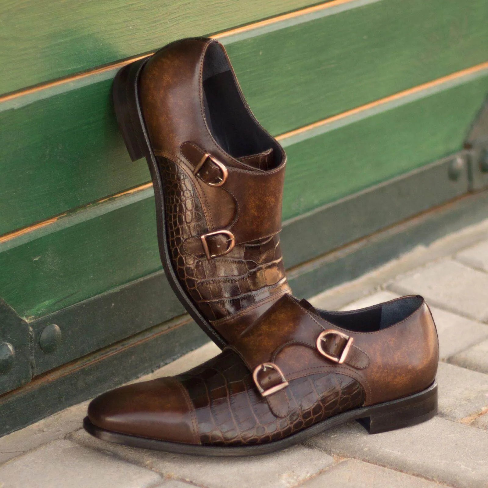 Abraham double monk patina II brown leather shoes