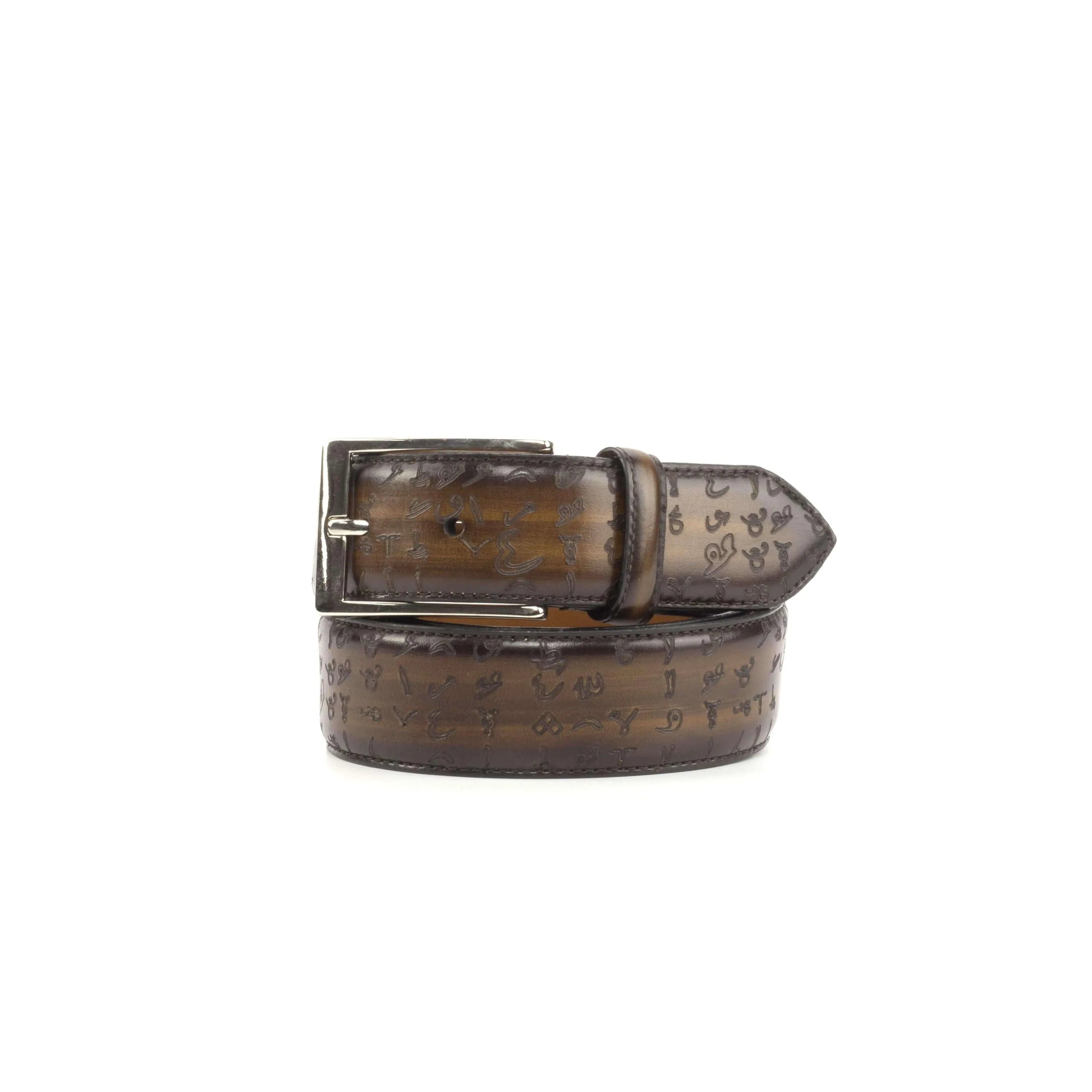 Arabic matrix patina Hamptons belt with brown leather and silver buckle
