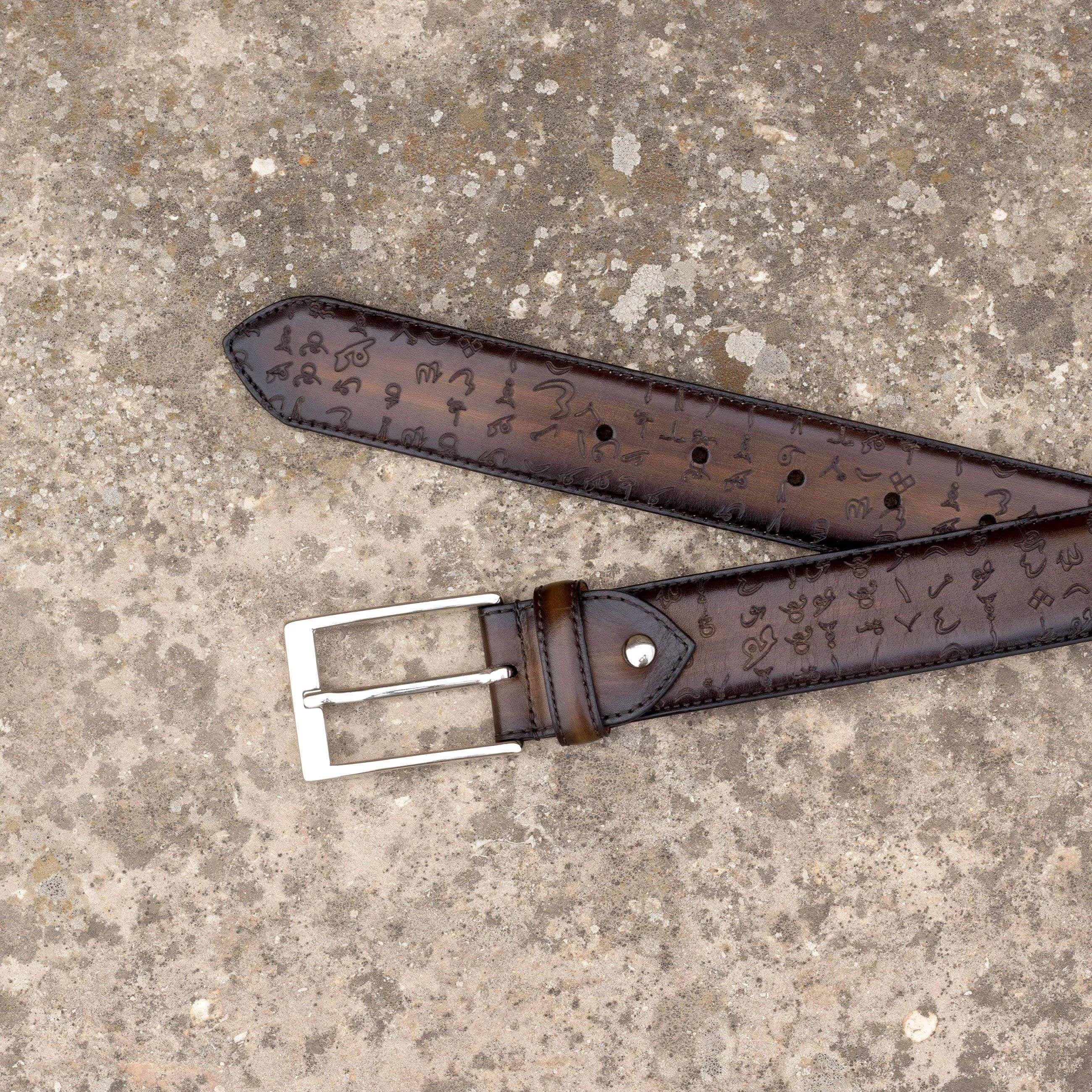Arabic matrix patina Hamptons belt with brown leather and silver buckle