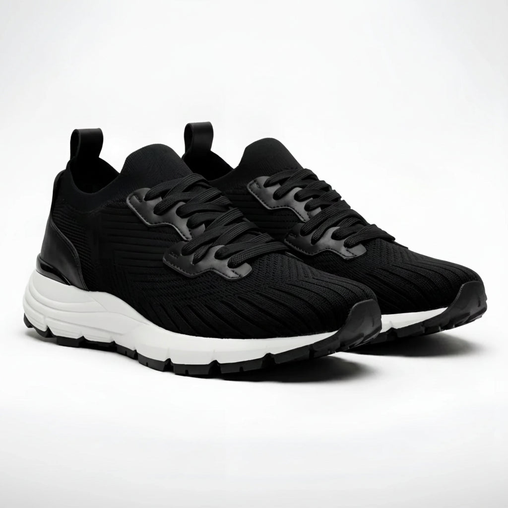 Armadillo knit trainer sneaker with black knit upper and white midsole