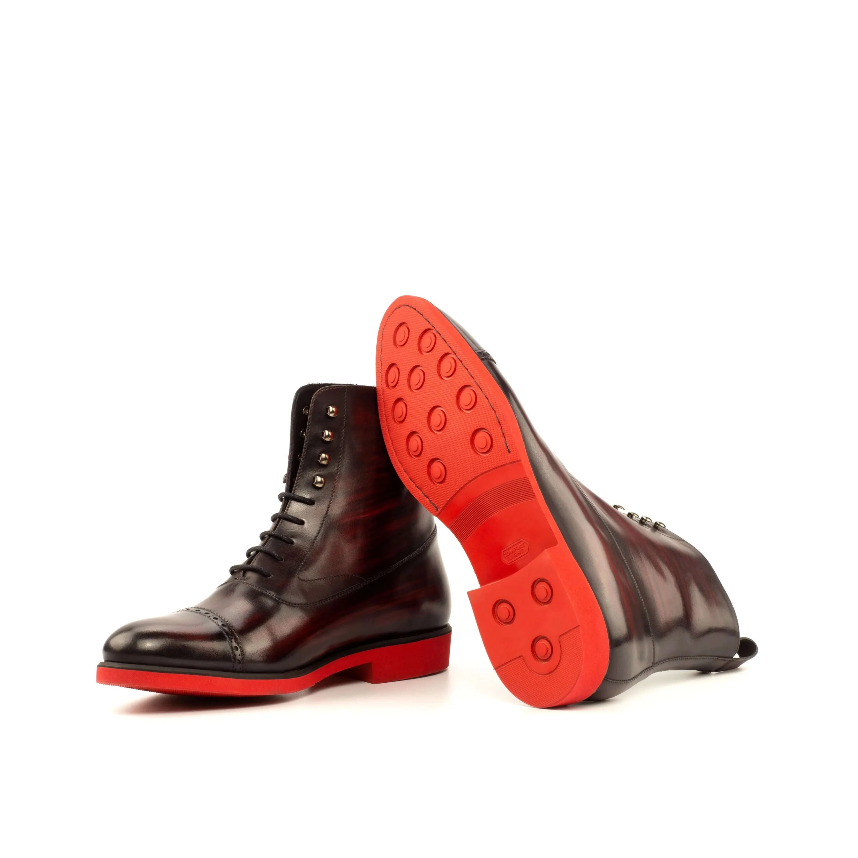 B61 Balmoral Patina boots in burgundy leather with red soles