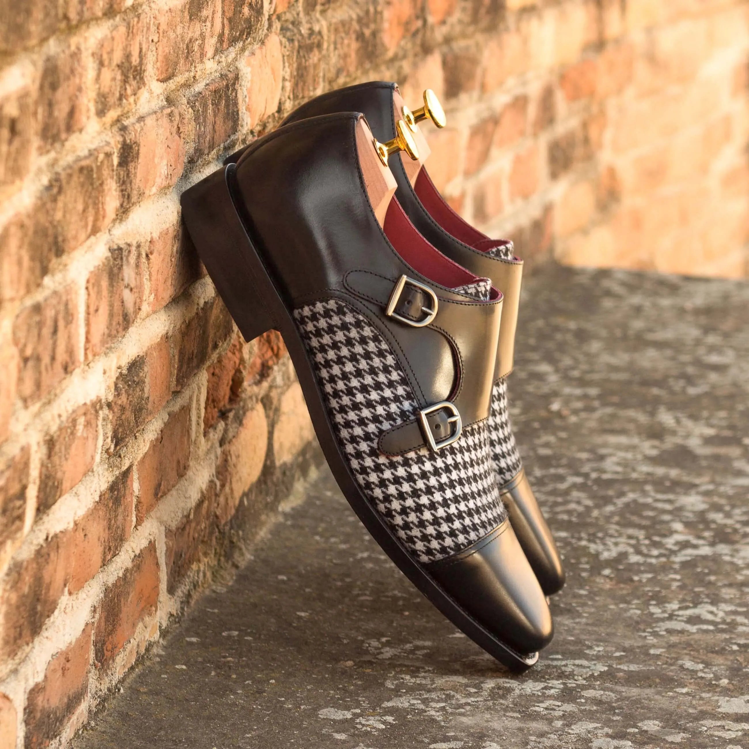 Battani Double Monk houndstooth and leather double monk strap shoes