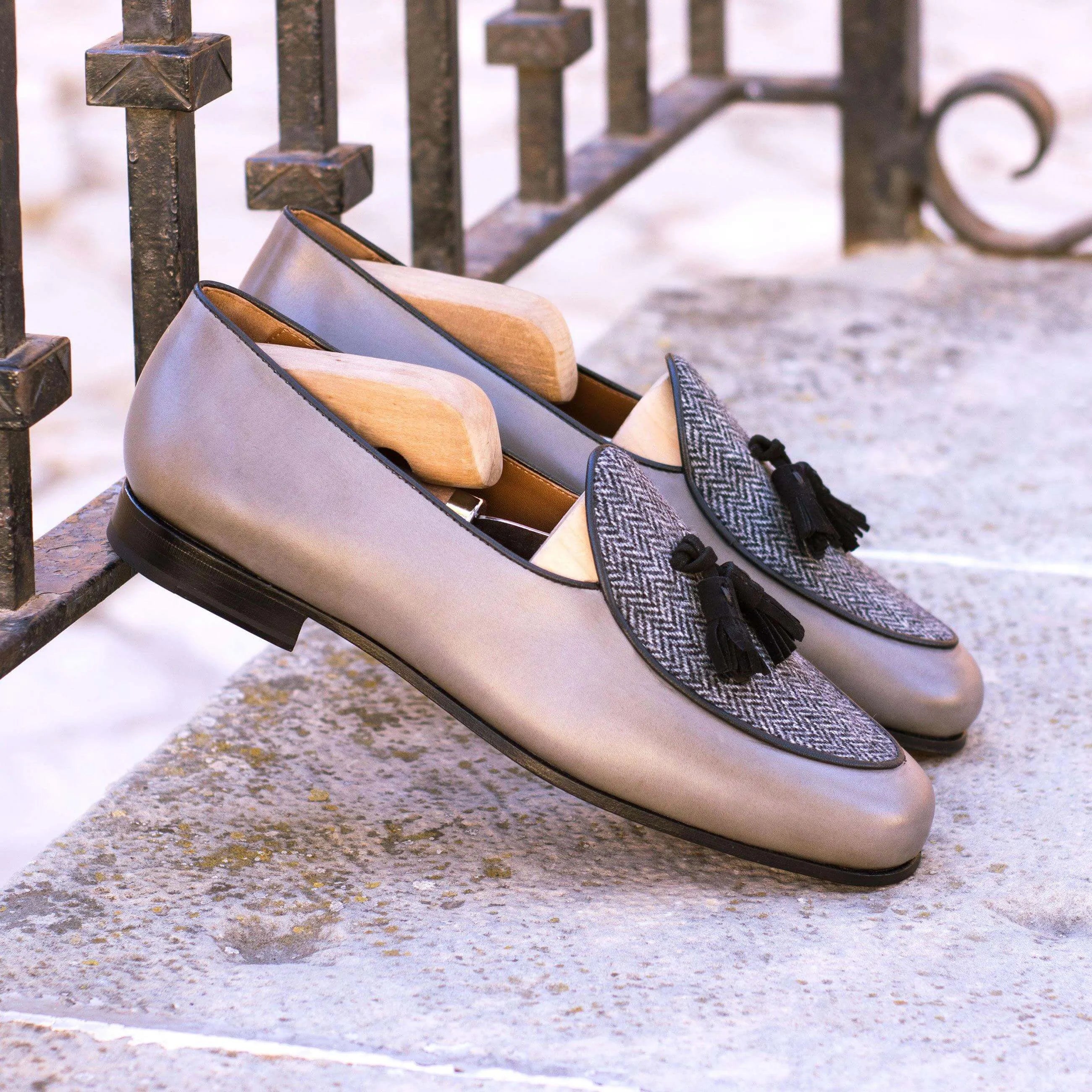 Boni Belgian Slipper gray leather tassel loafers in painted calf