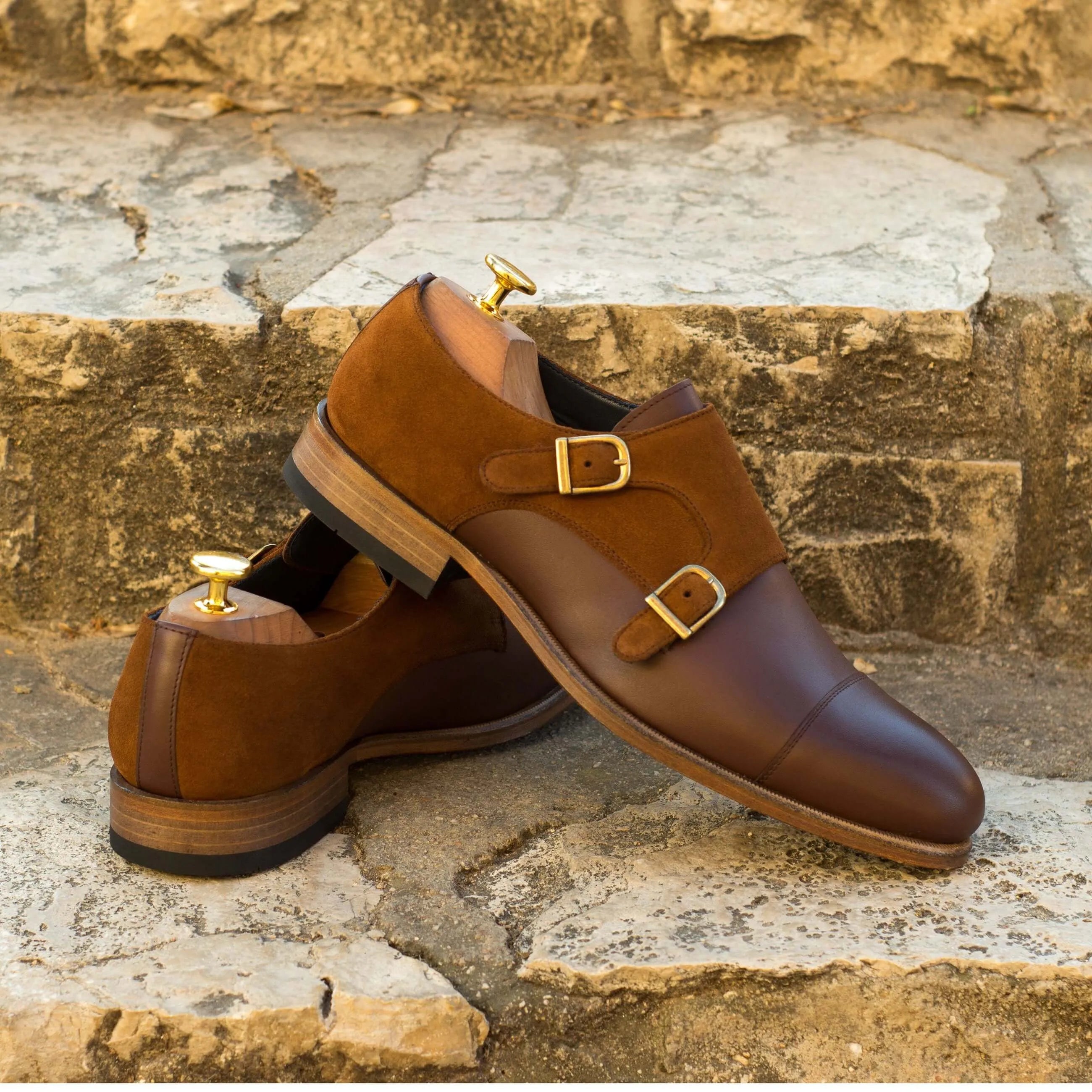 Brusca double monk shoes in brown leather and suede