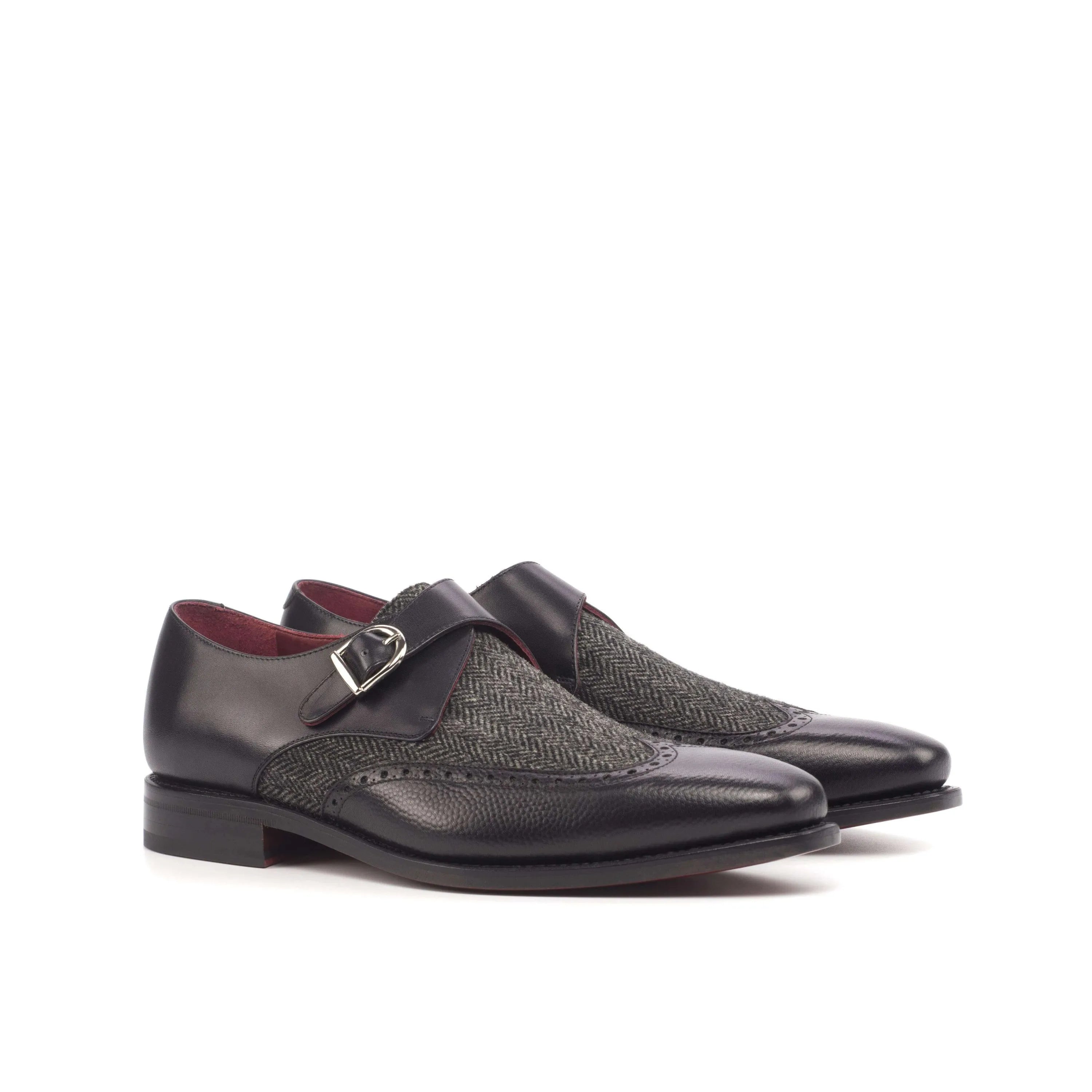 Caval Single Monk pair of black leather tweed single monk strap shoes