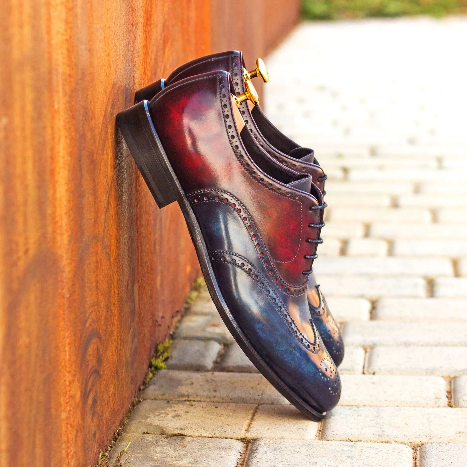 Celestial patina longwing blucher in burgundy and blue leather