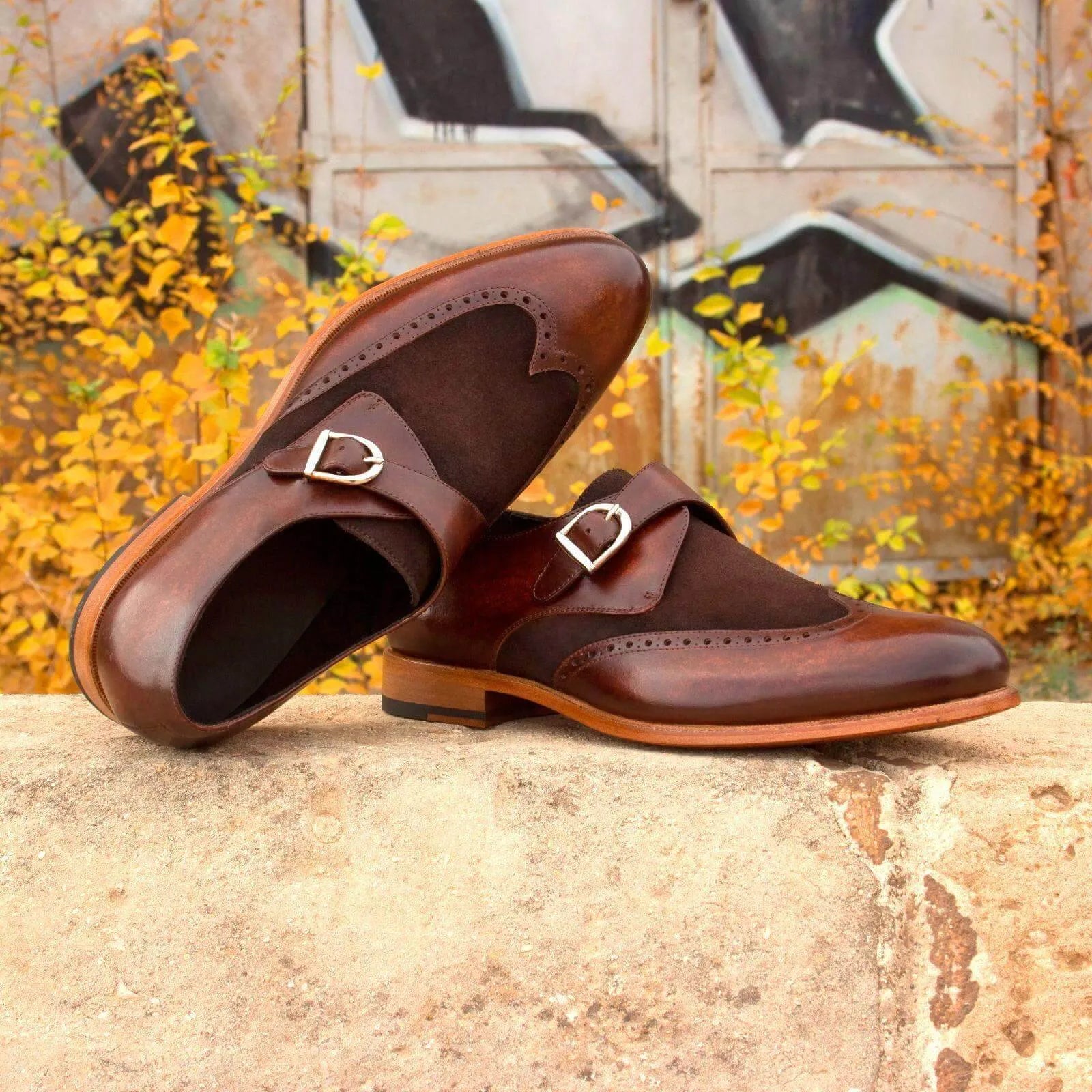 Chaz single monk patina shoes II in brown leather back view