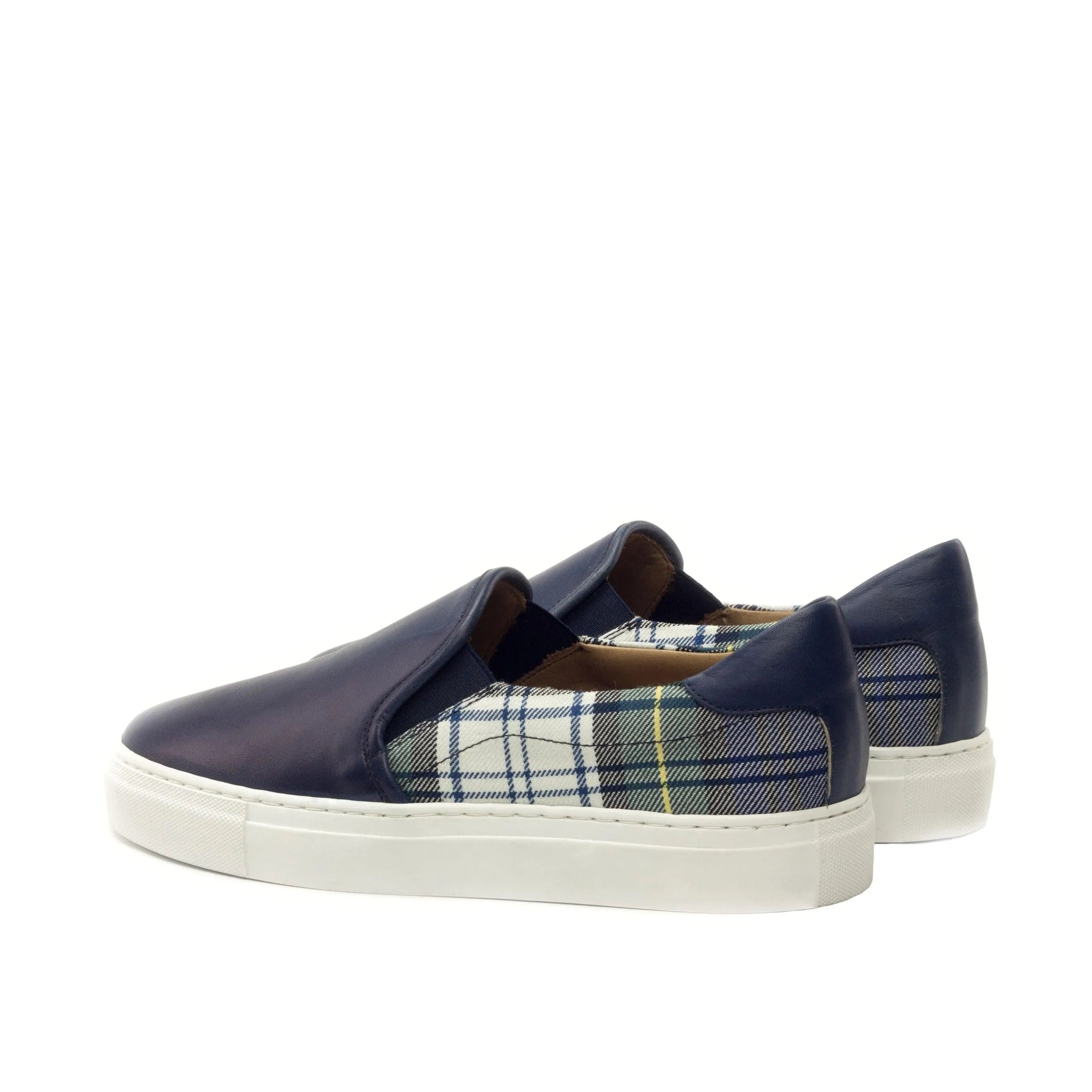 Crito slip navy plaid slip-on sneakers, luxury bespoke shoes for men