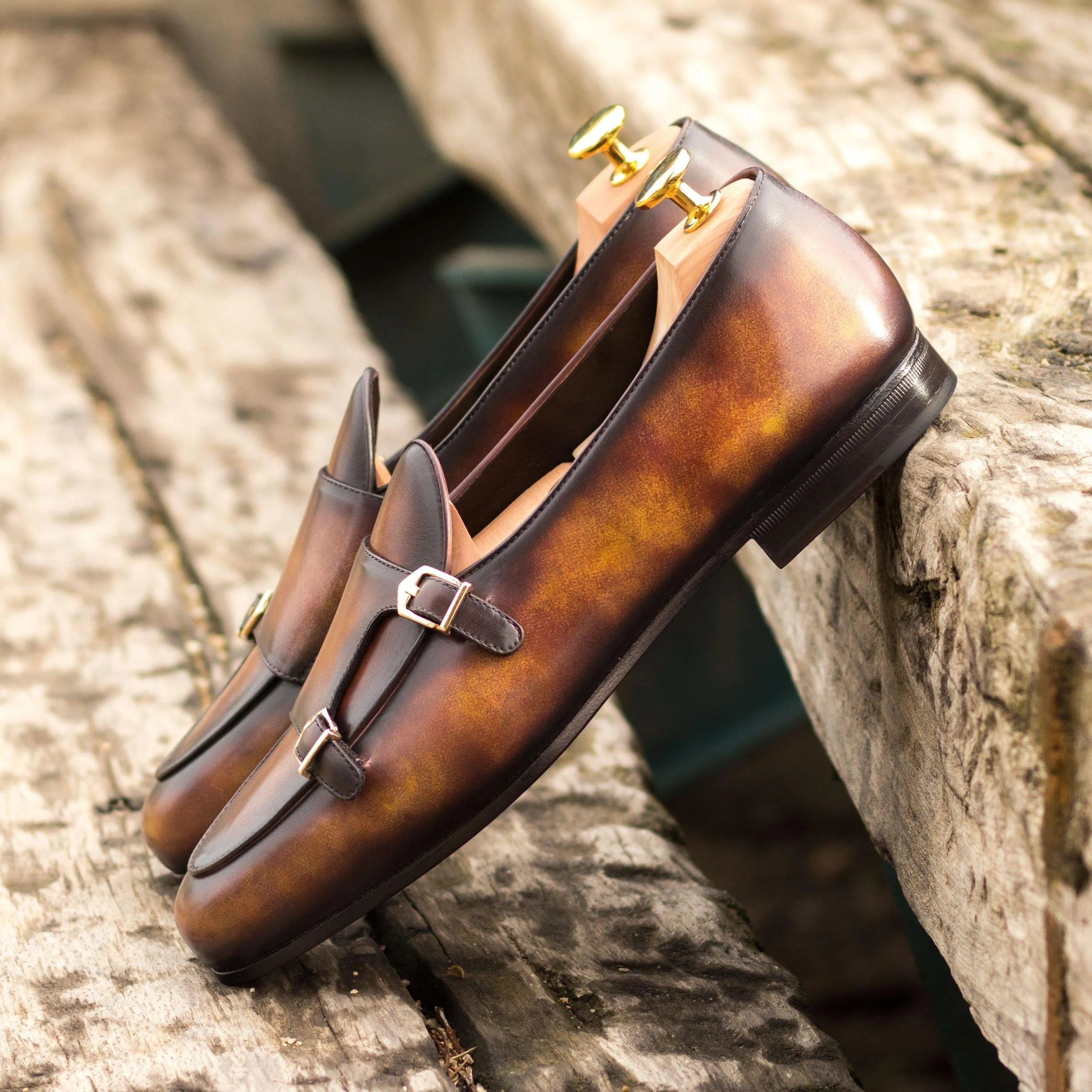 Dan Belgian Patina Monk Slipper II brown leather double monk strap loafers
