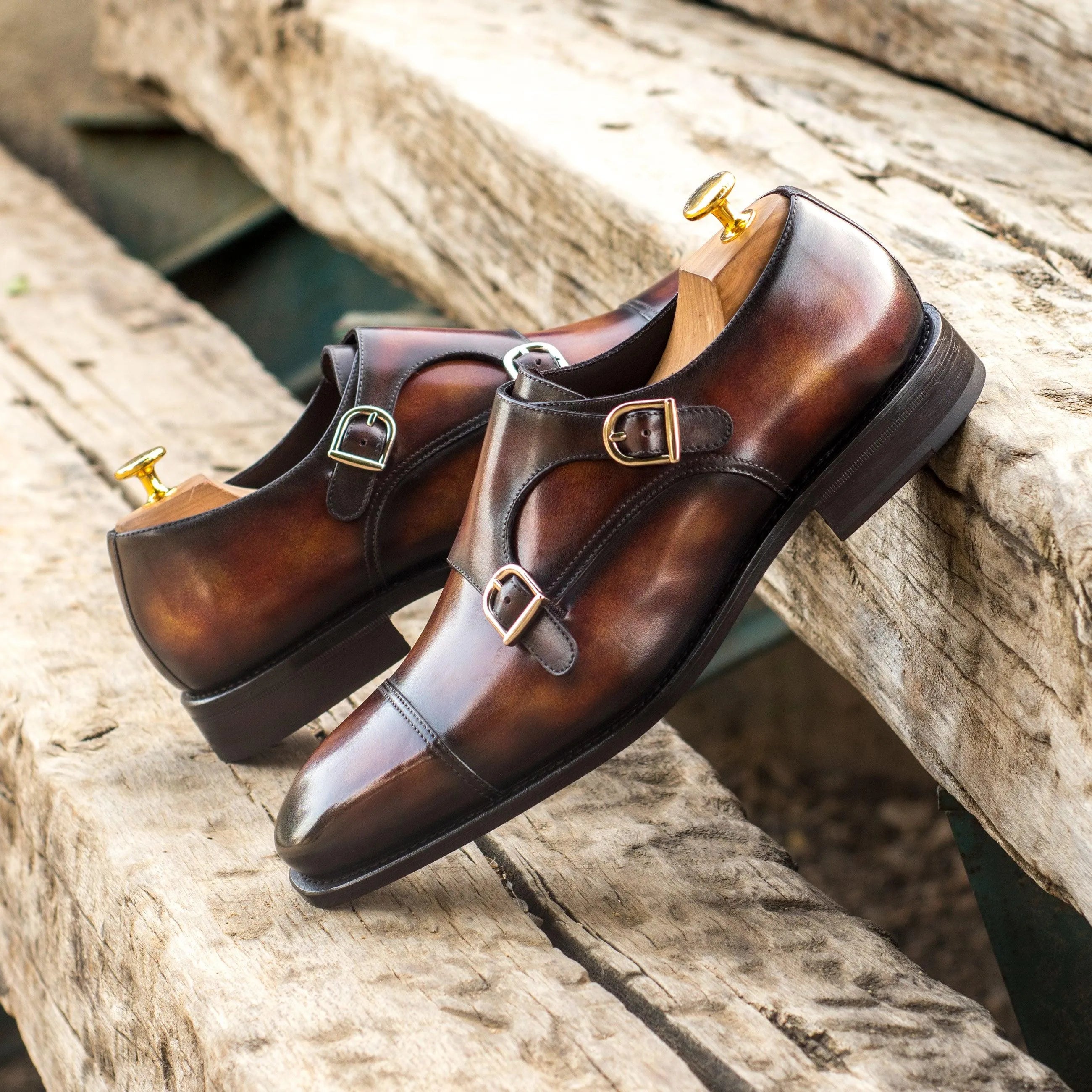Deen double monk patina shoes: brown leather pair