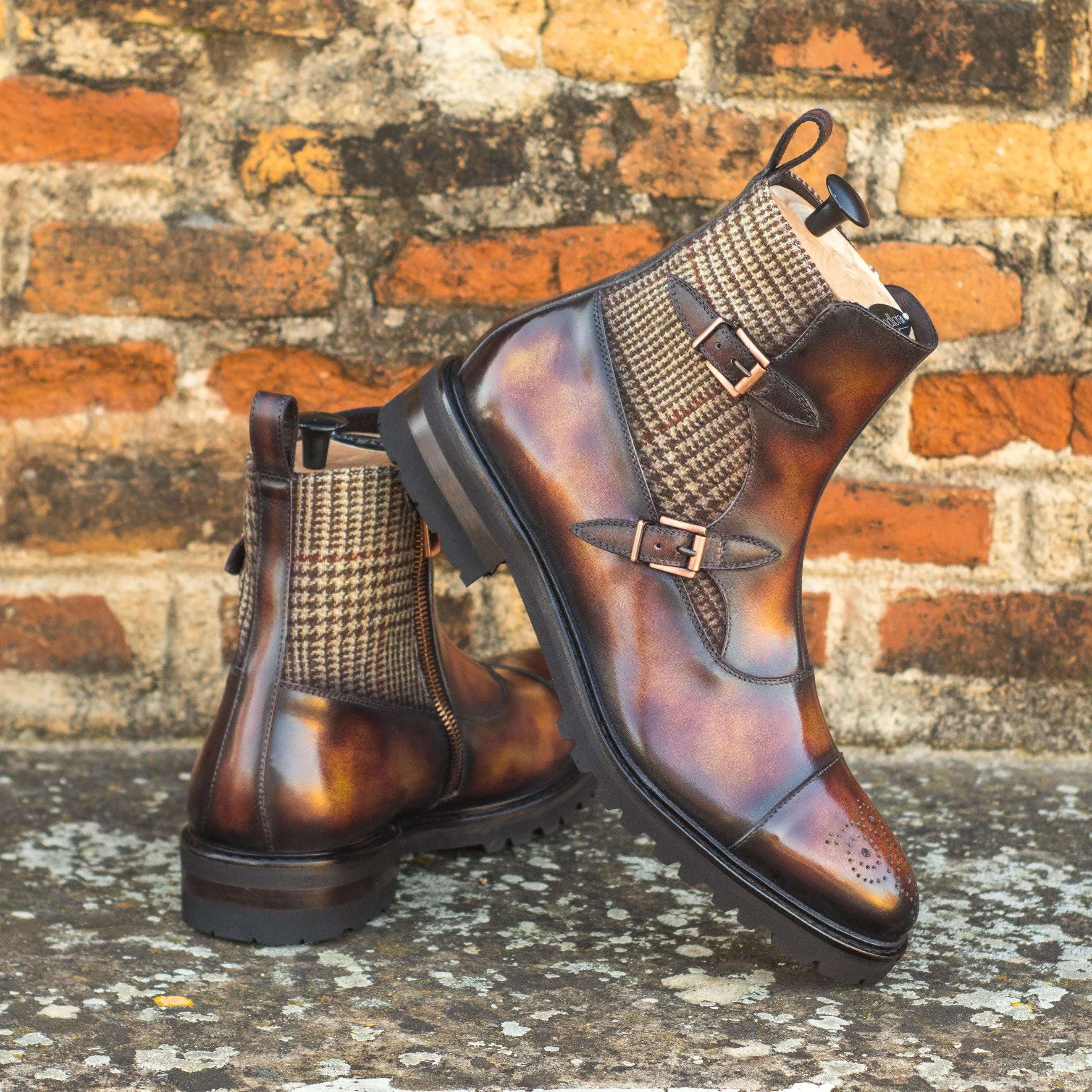 Dowain Octavian Patina Boots in brown leather houndstooth monk strap