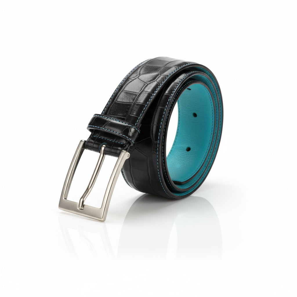 Duran croc hampton belt II in black crocodile leather with silver buckle