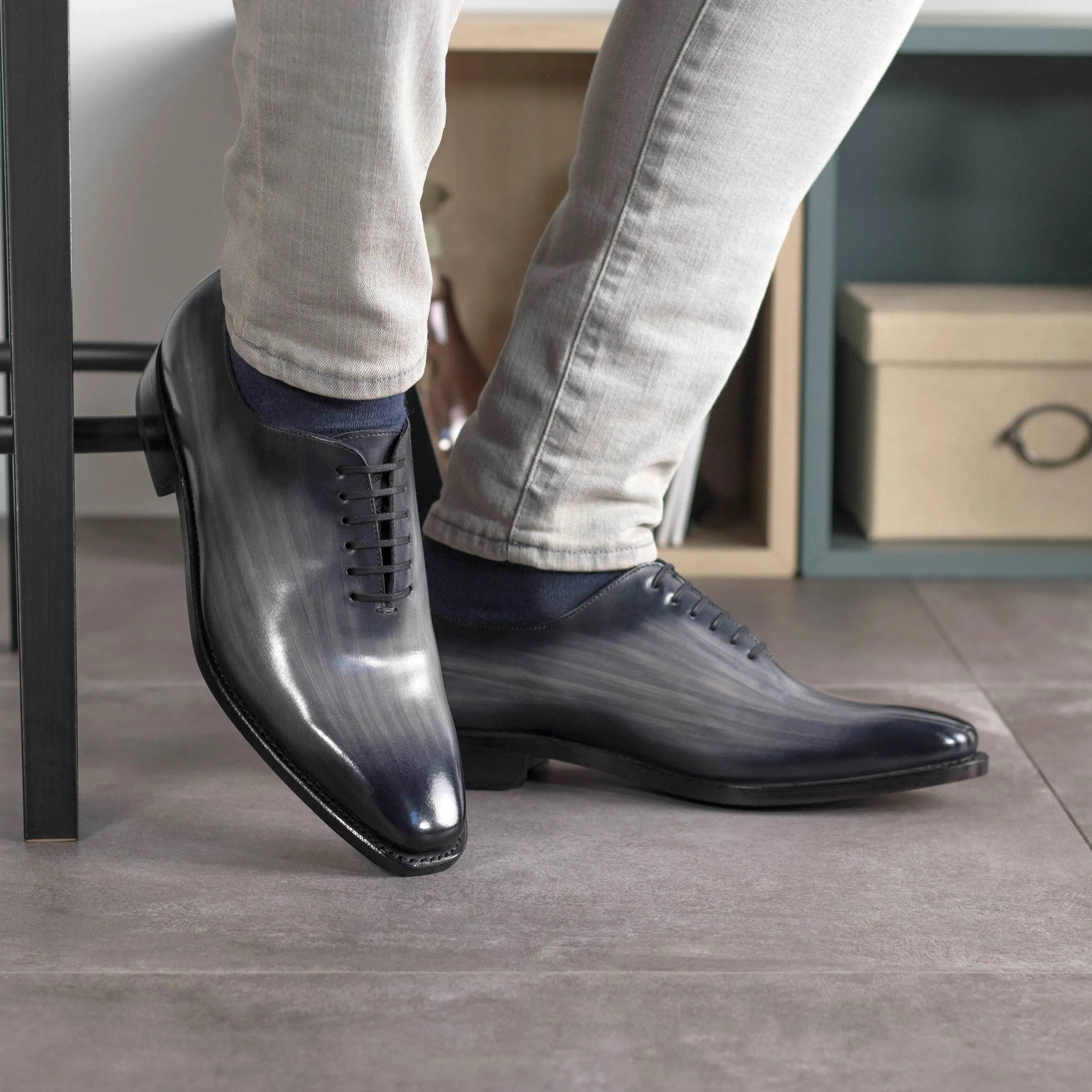Eclipse Patina Wholecut gray and blue leather dress shoes