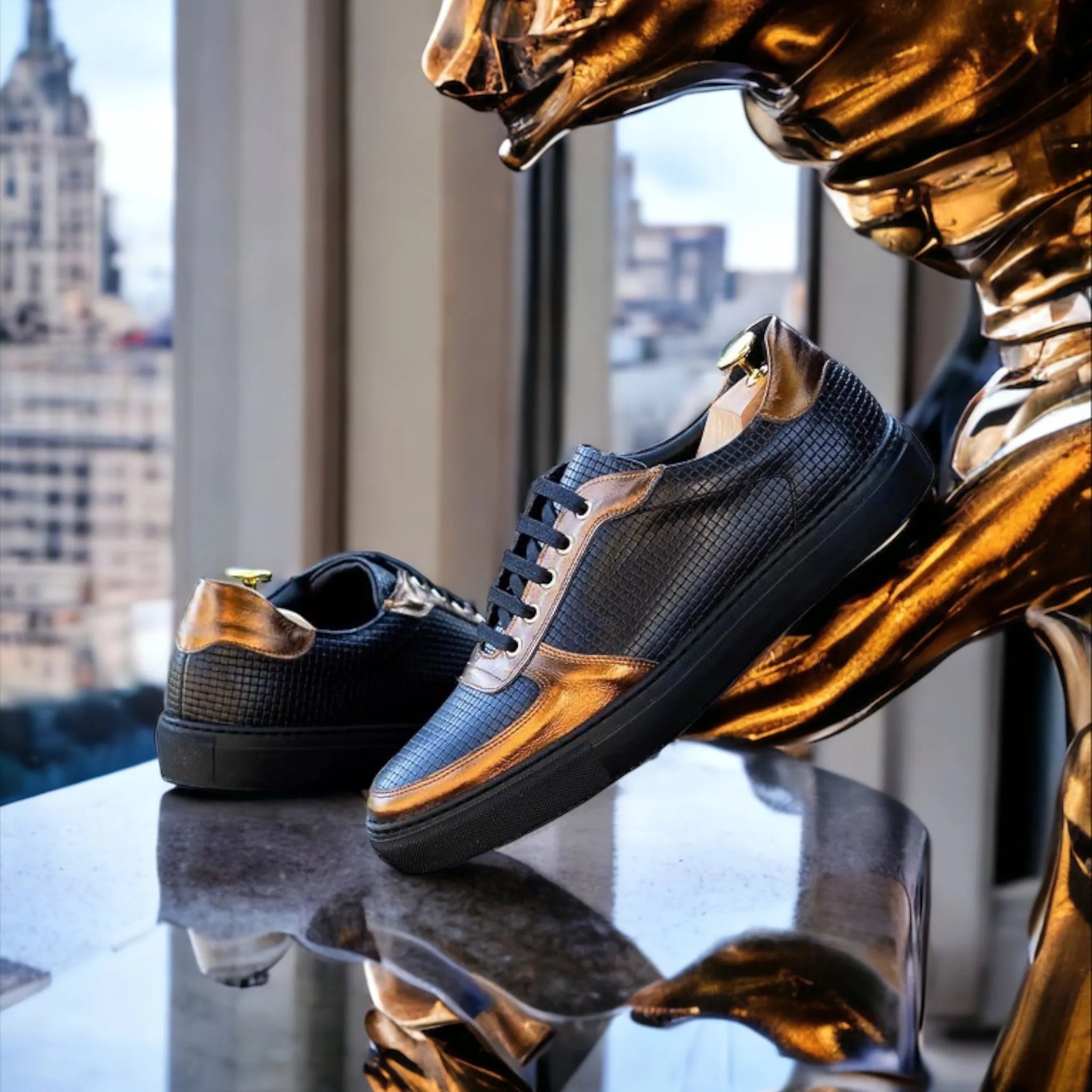 Empyr low cupsole trainer sneaker in black and bronze leather