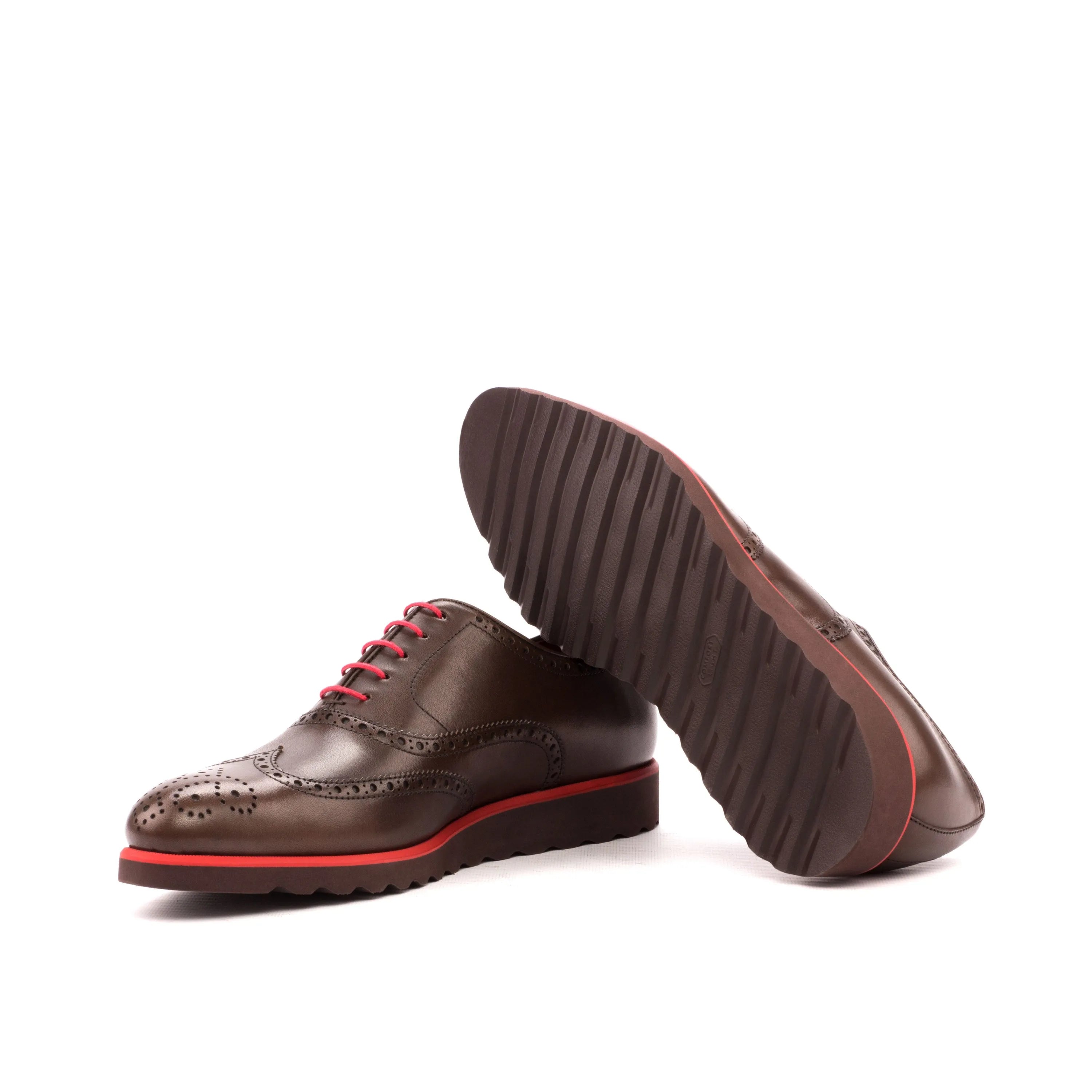 Fabuis full brogue shoes: brown leather long wingtip blucher with red laces and soles