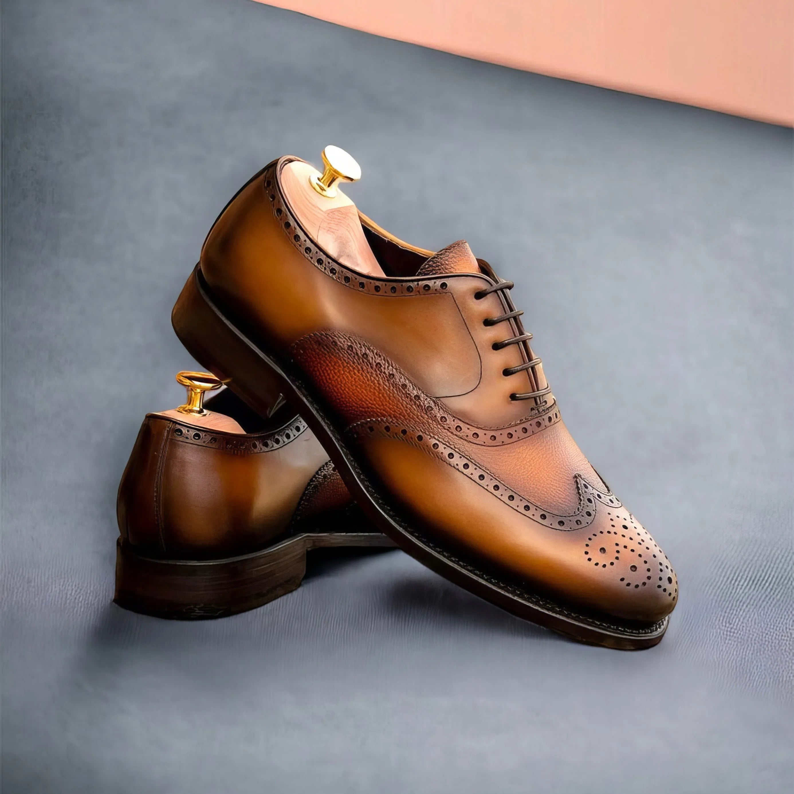 Fardos full brogue brown leather wingtip shoes for men