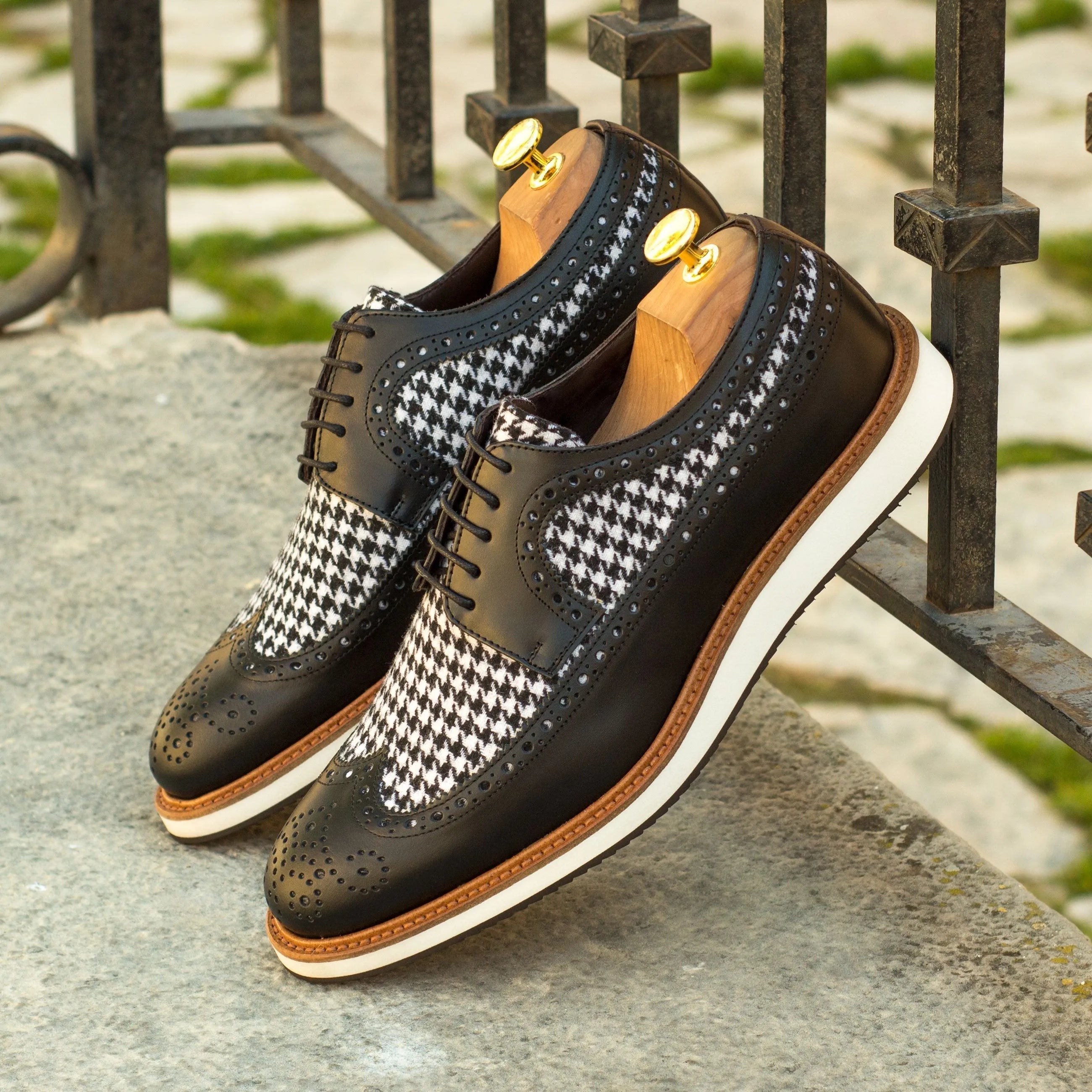 Franko Longwing Blucher black and white houndstooth wingtip shoes