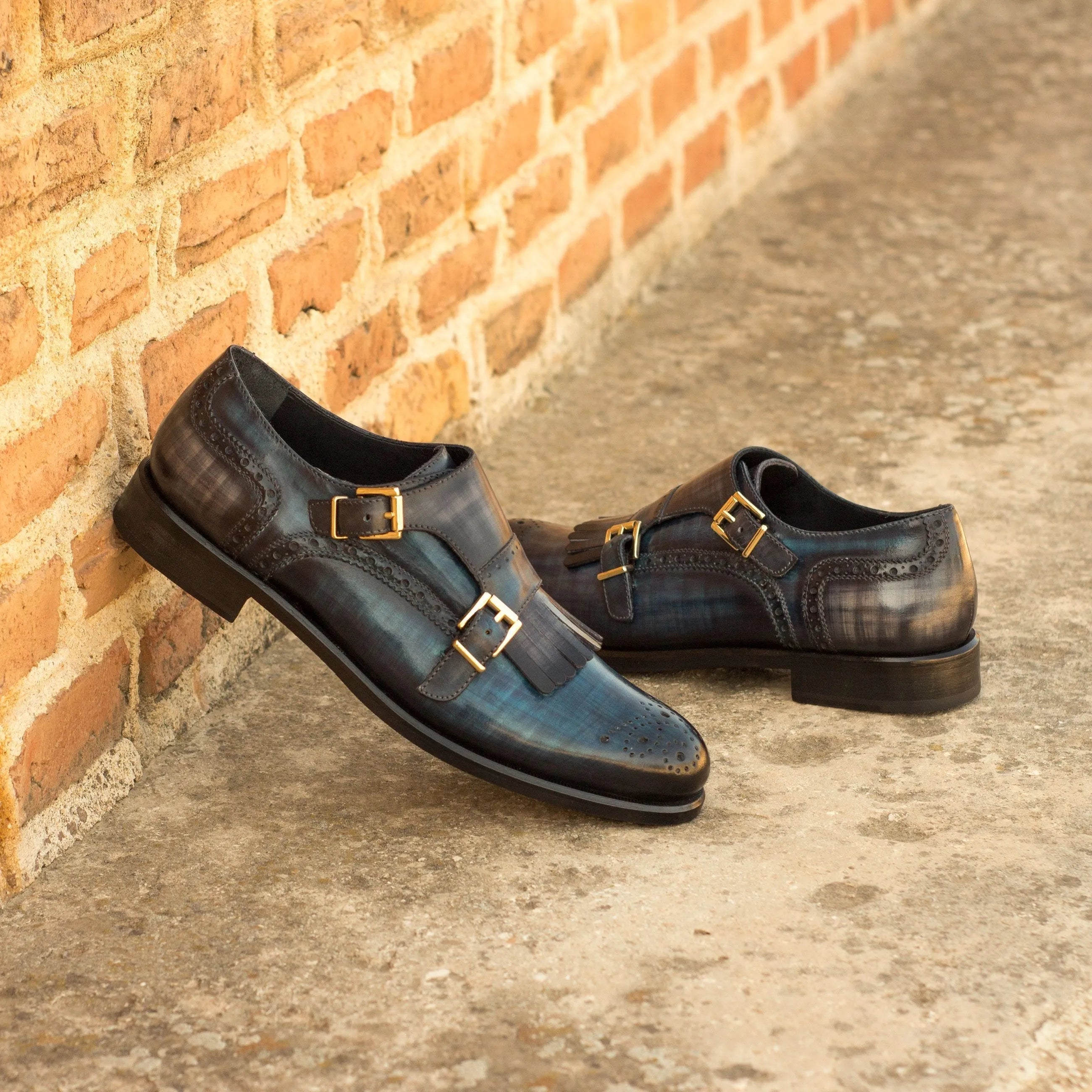 Gawain kiltie womens patina monk blue leather double strap shoes