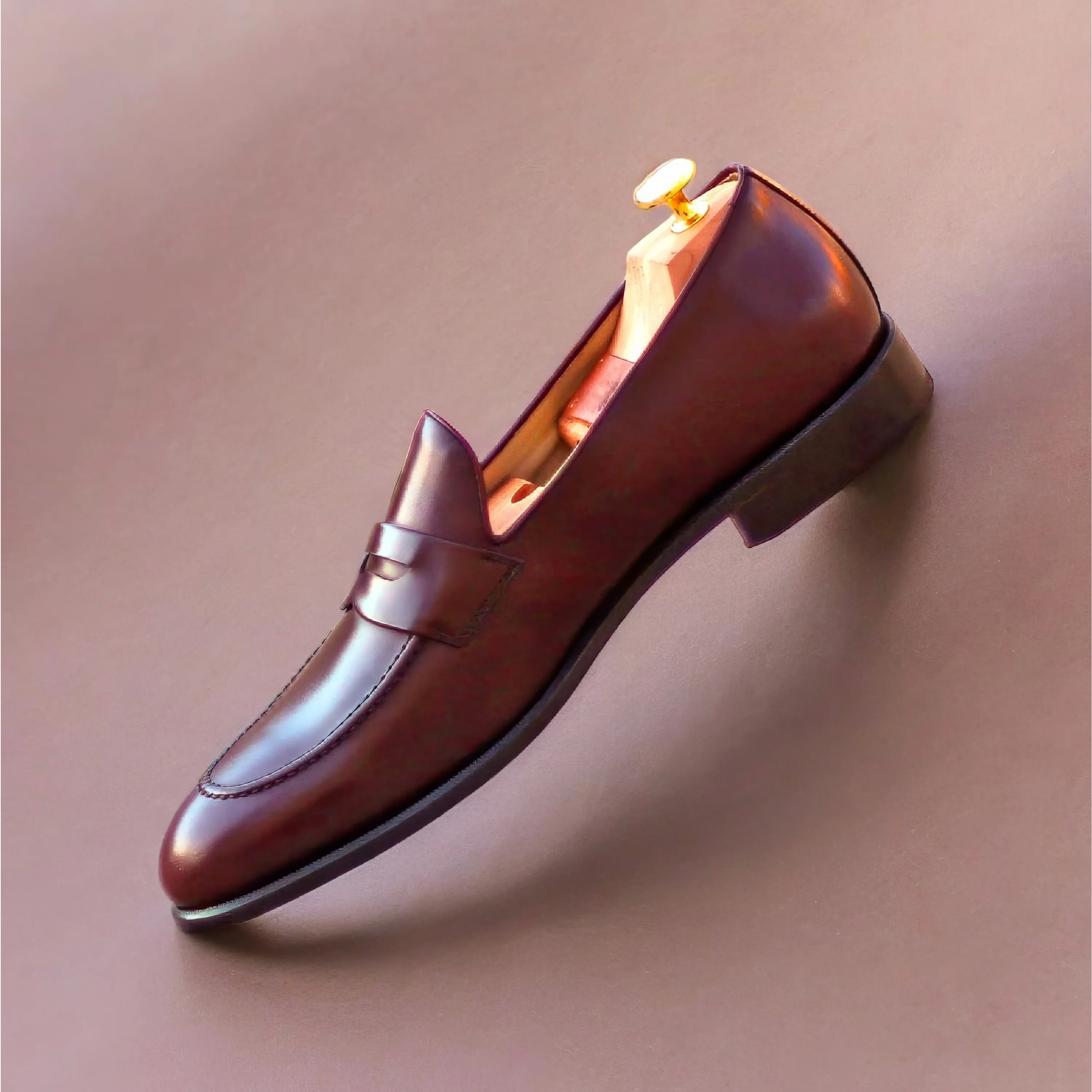 Gentil loafers II: burgundy leather penny loafer with hand-painted patina