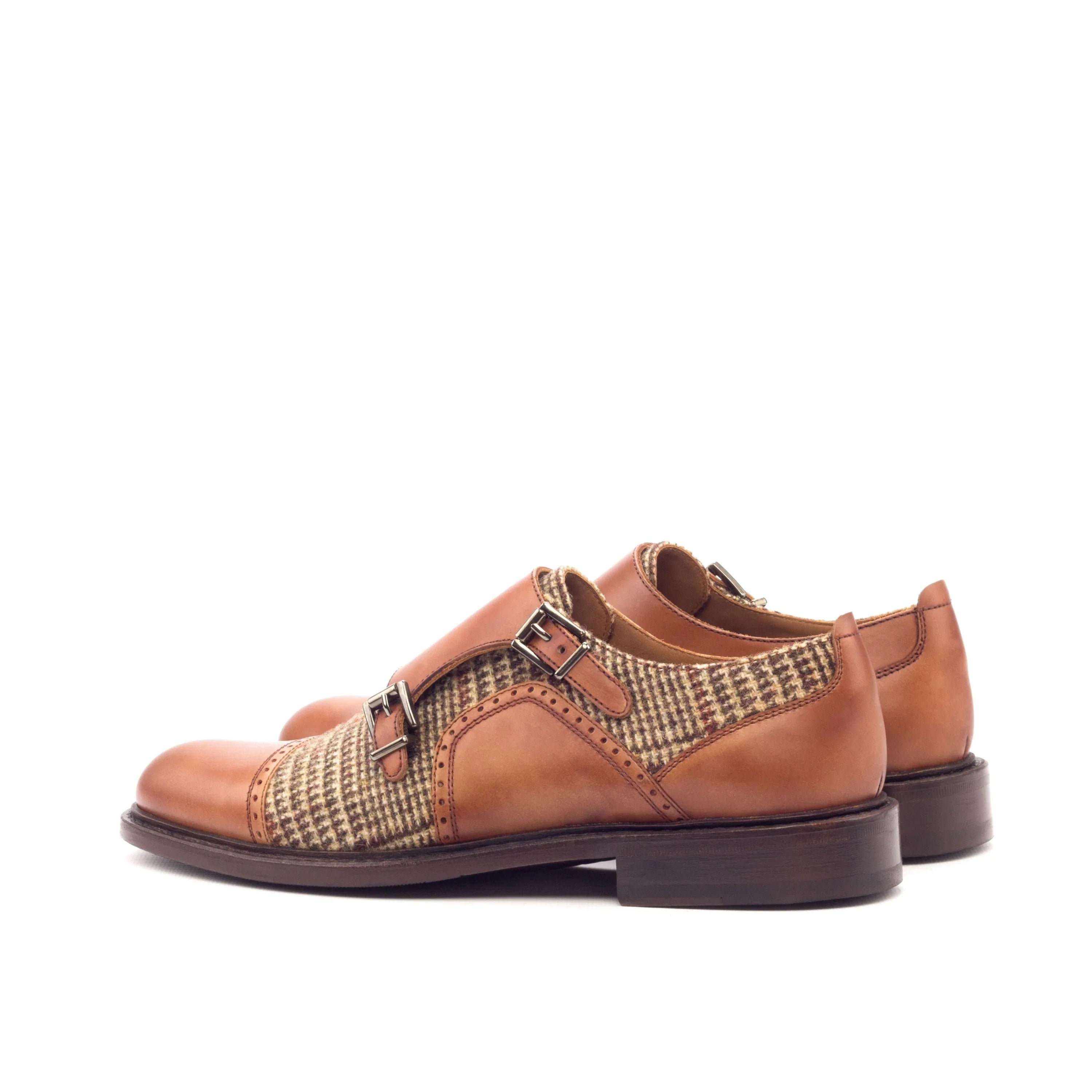 Gina women double monk II brown leather tweed shoes